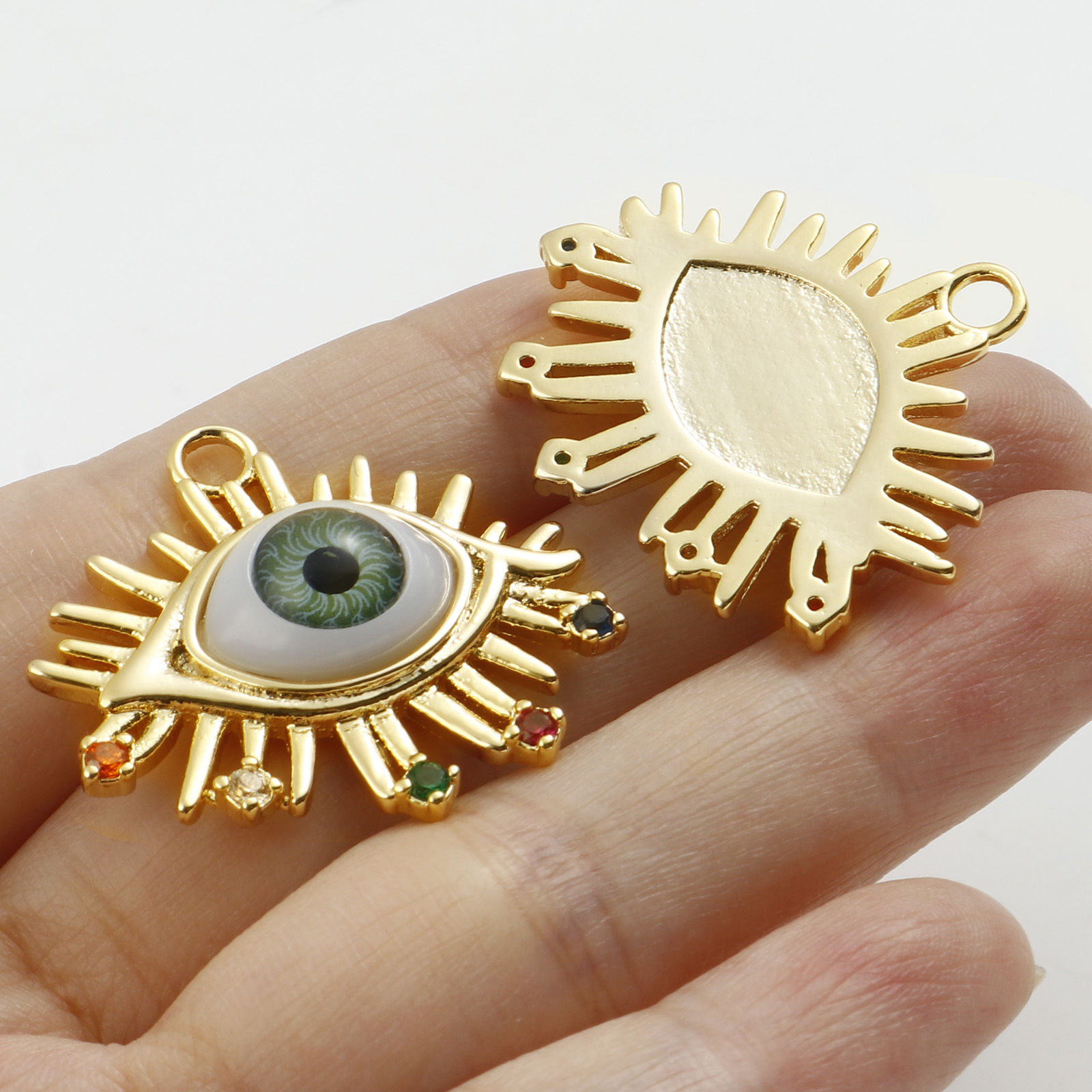 Bild von Messing Religiös Anhänger Auge Echtgold plattiert Böser Blick Evil Eye Echtgold plattiert Zirkonia 3,2cm x 2,9cm, 1 Stück
