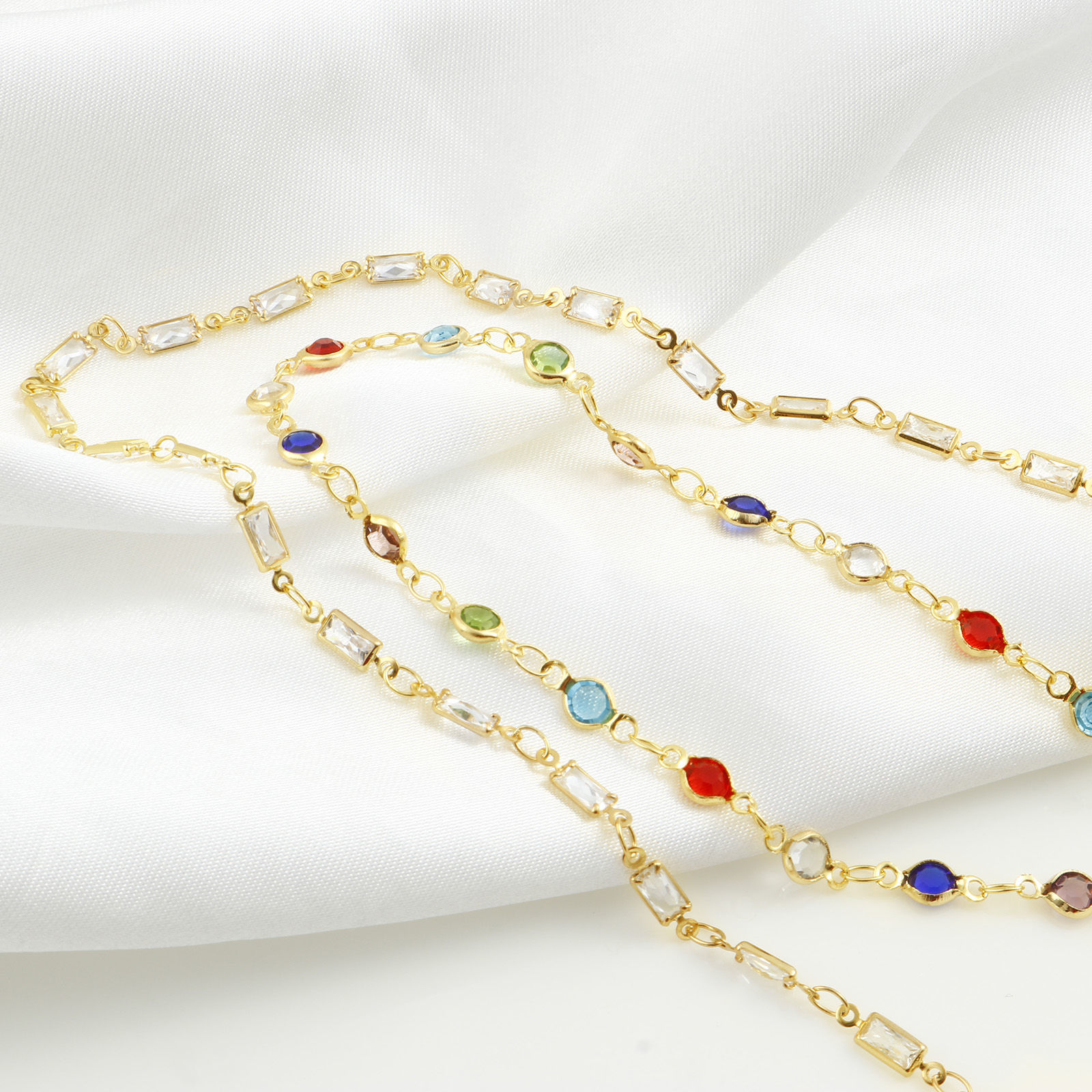 Picture of Brass Cubic Zirconia Handmade Link Chain Findings Real Gold Plated Multicolor 1 M
