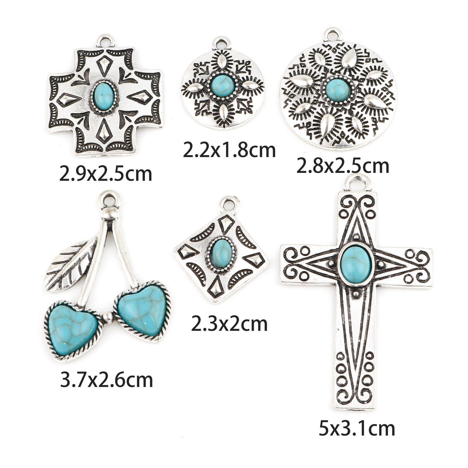 Picture of Zinc Based Alloy Boho Chic Bohemia Charms Antique Silver Color Green Blue With Resin Cabochons Imitation Turquoise