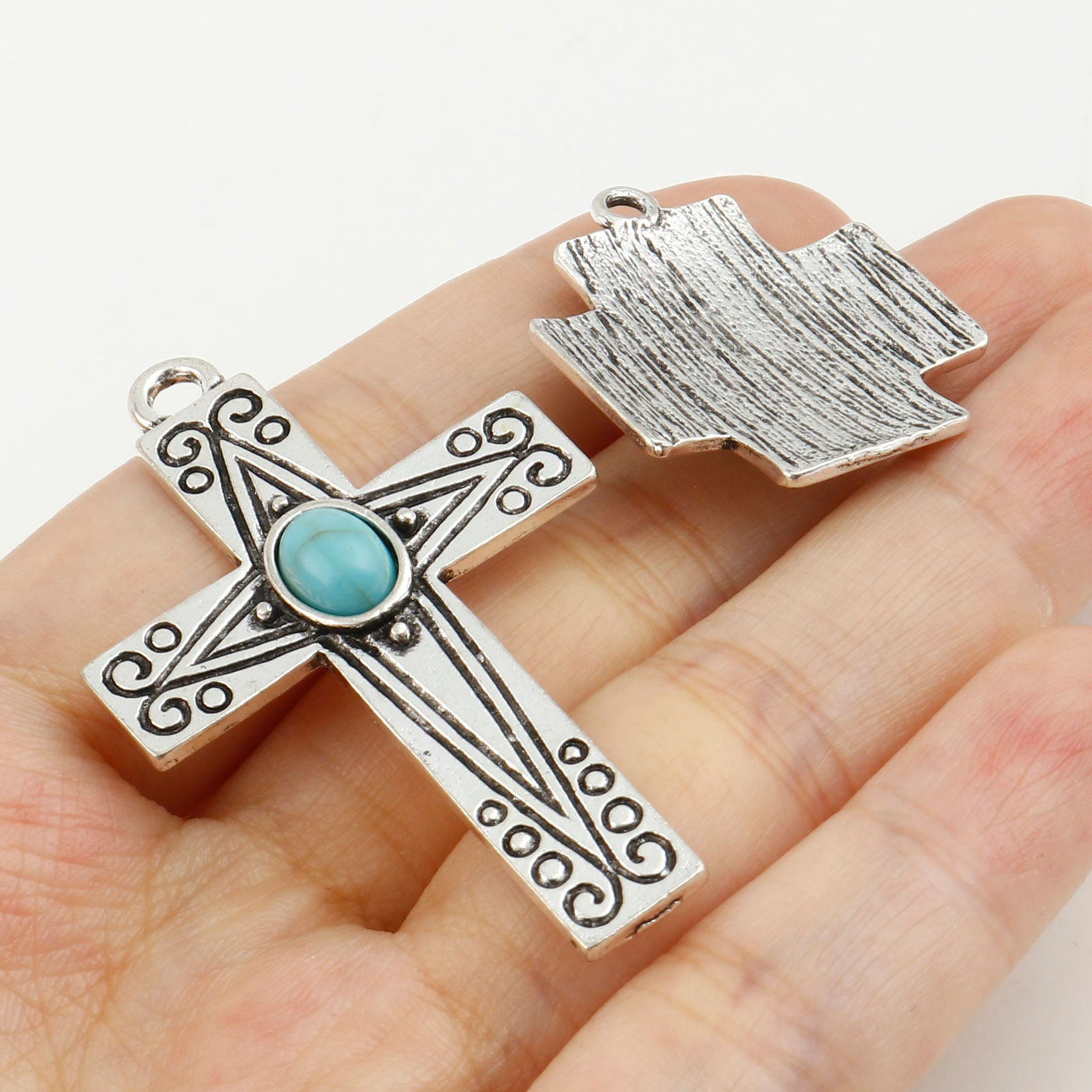 Picture of Zinc Based Alloy Boho Chic Bohemia Charms Antique Silver Color Green Blue With Resin Cabochons Imitation Turquoise