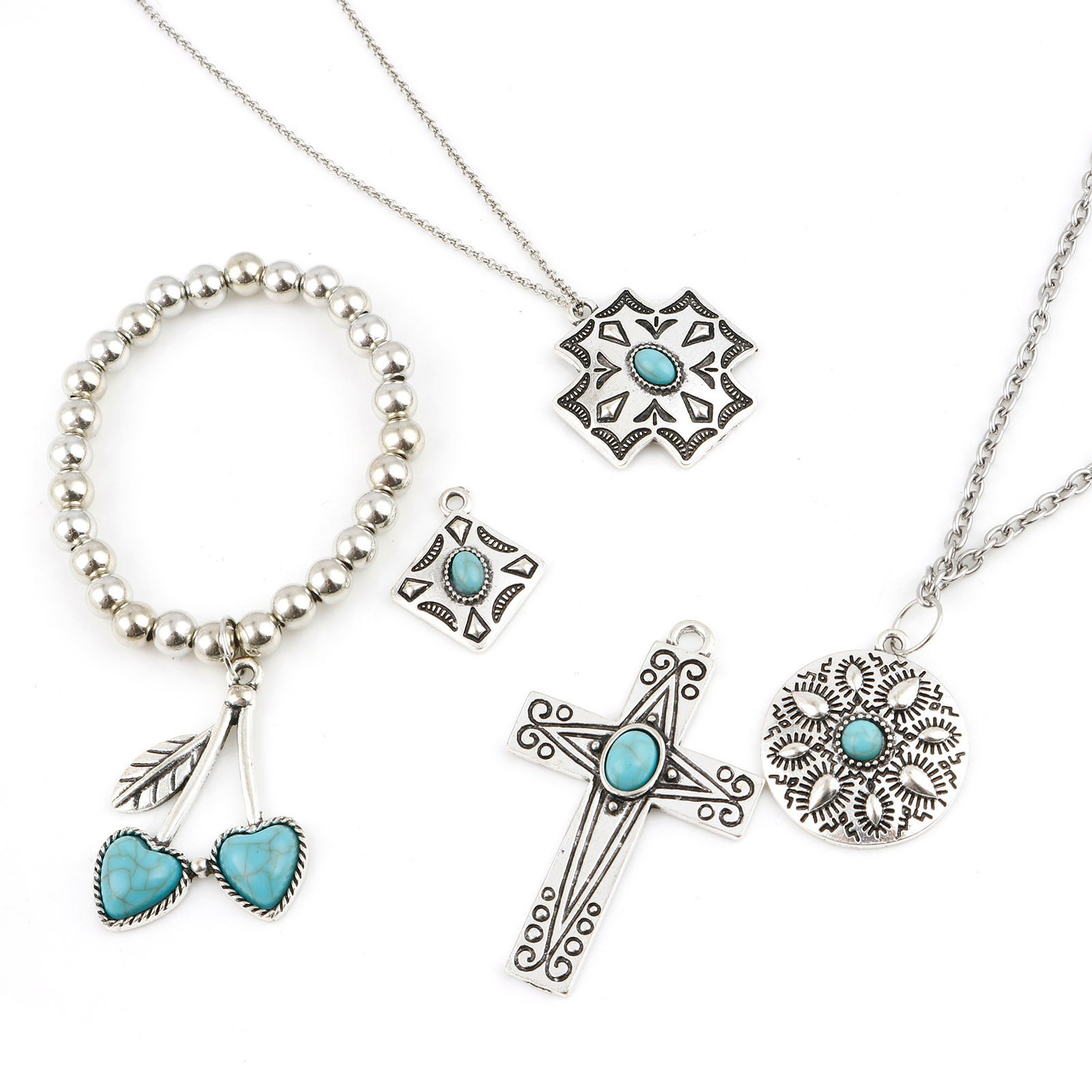 Picture of Zinc Based Alloy Boho Chic Bohemia Charms Antique Silver Color Green Blue With Resin Cabochons Imitation Turquoise