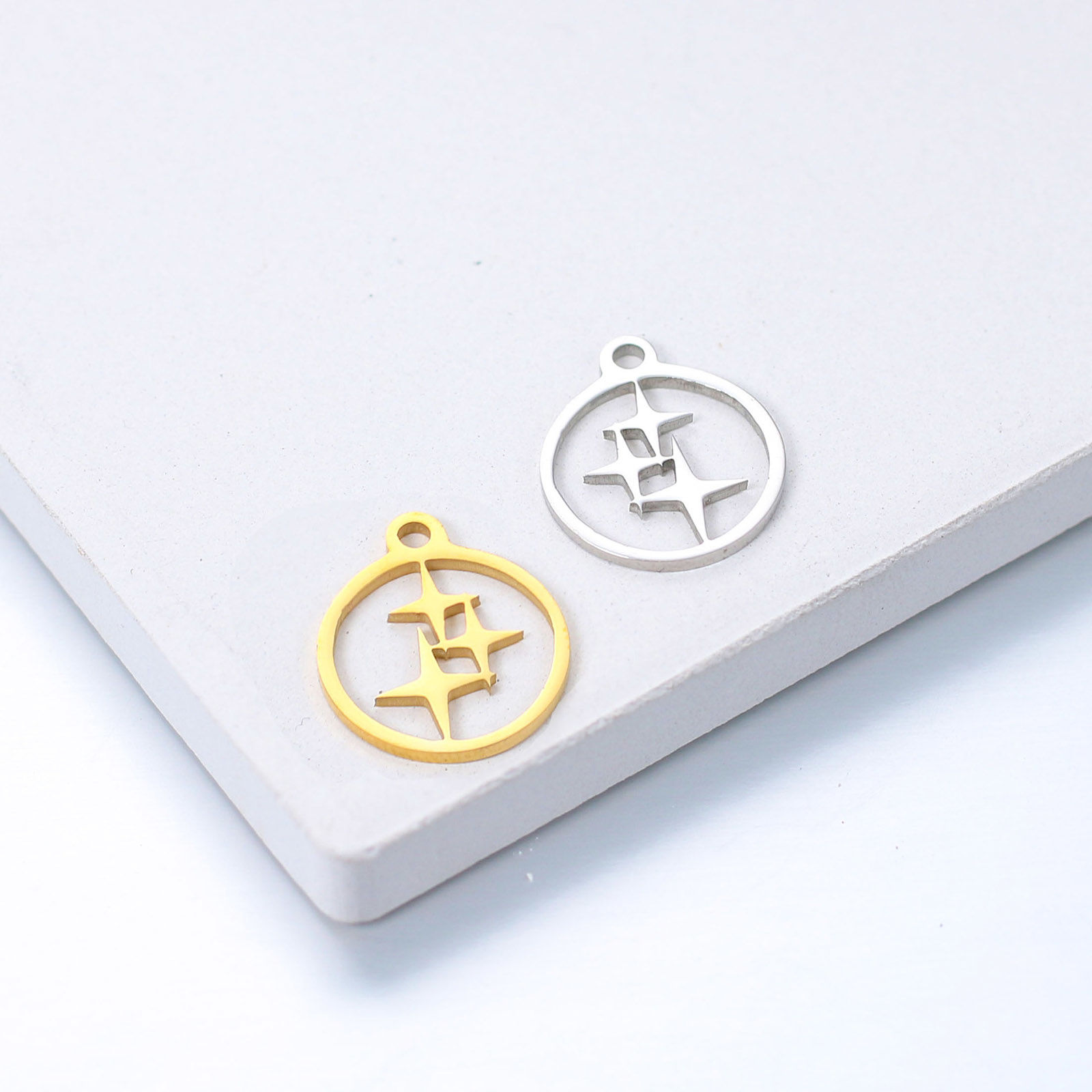 Picture of 304 Stainless Steel Weather Collection Charms Multicolor Round Four-pointed star Hollow 14mm x 12mm
