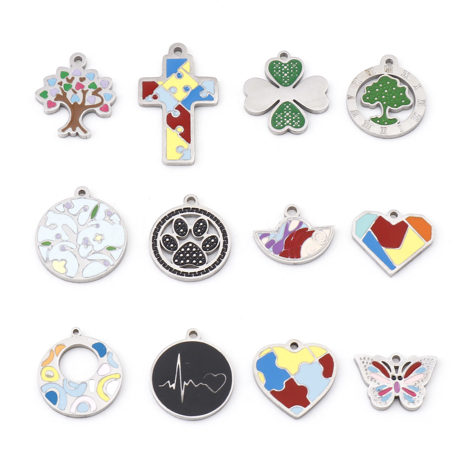Picture of 304 Stainless Steel Charms Silver Tone Multicolor Heart Tree Enamel