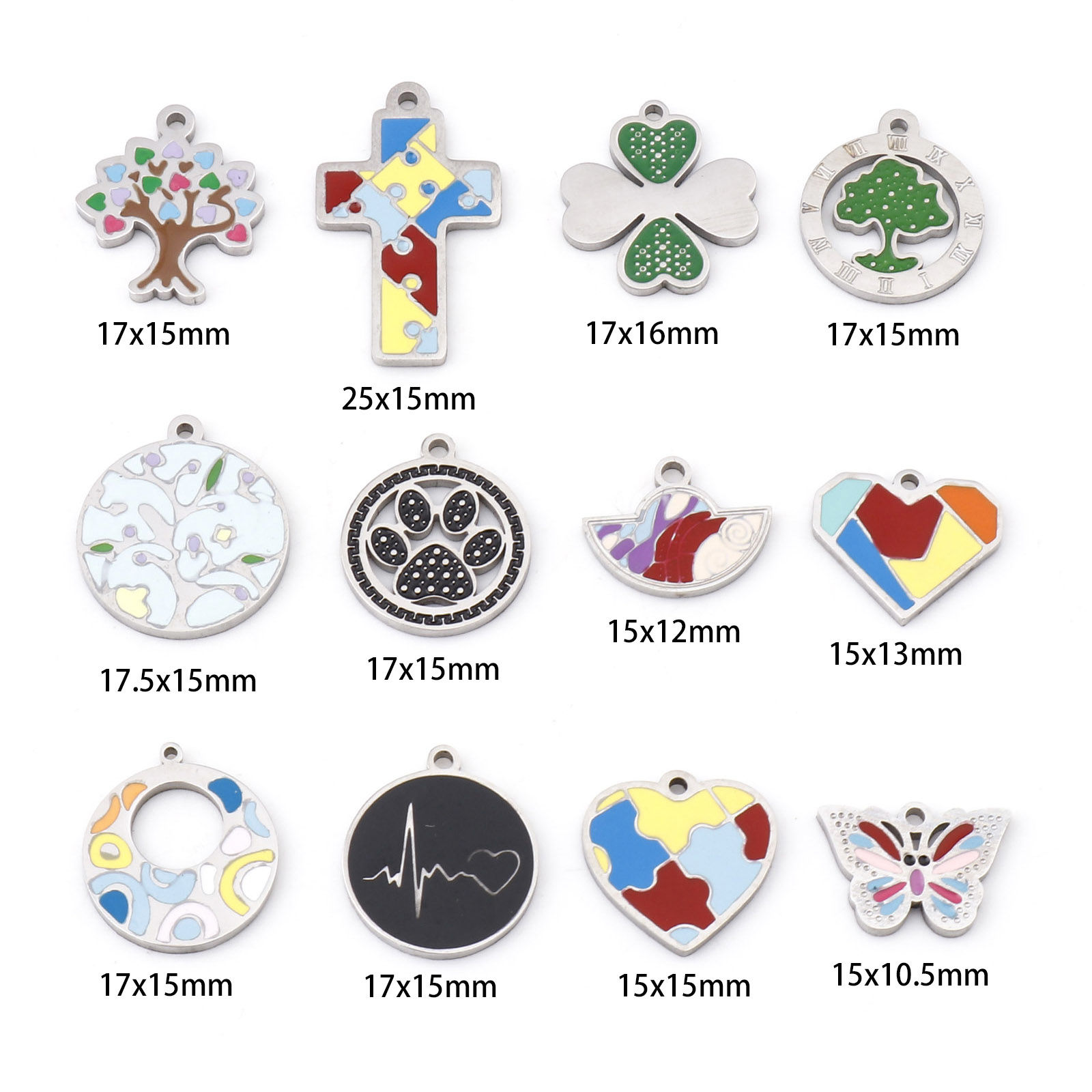 Picture of 304 Stainless Steel Charms Silver Tone Multicolor Heart Tree Enamel