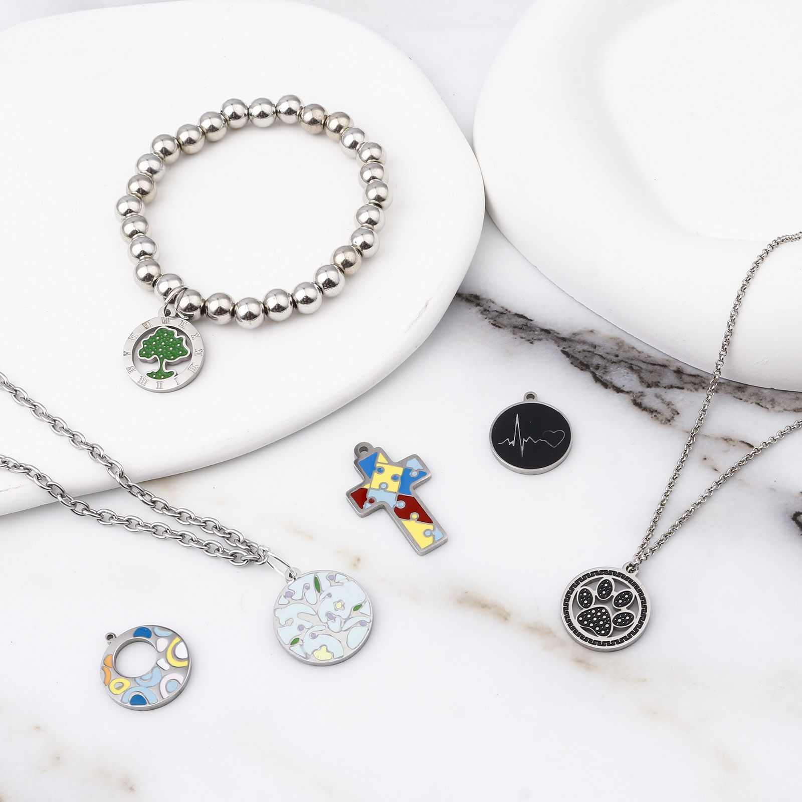 Picture of 304 Stainless Steel Charms Silver Tone Multicolor Heart Tree Enamel