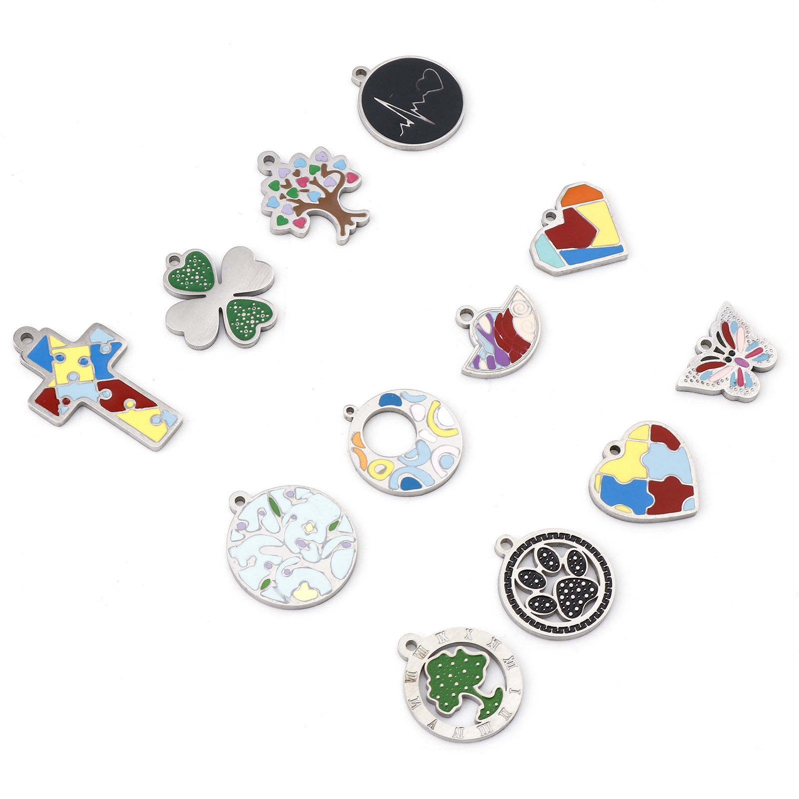 Picture of 304 Stainless Steel Charms Silver Tone Multicolor Heart Tree Enamel