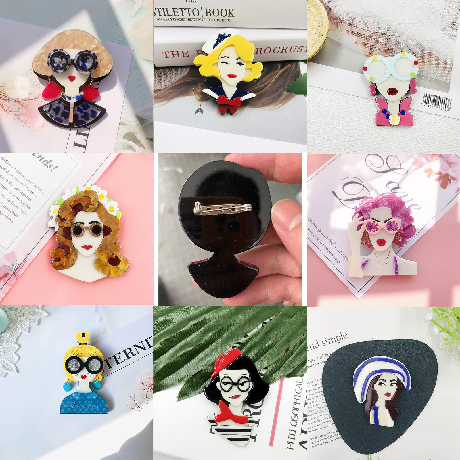 Picture of Acetic Acid Resin Acetate Acrylic Acetimar Marble Stylish Pin Brooches Girl Eyeglasses Silver Tone Multicolor