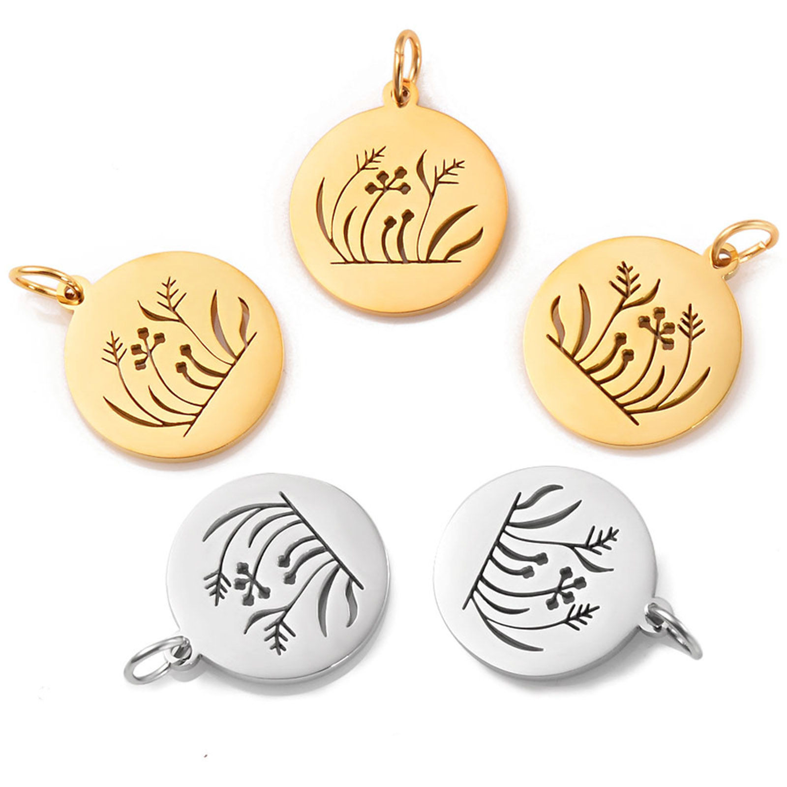 Picture of Stainless Steel Flora Collection Charms Multicolor Round Disc Flower Leaves Hollow 25mm x 18mm