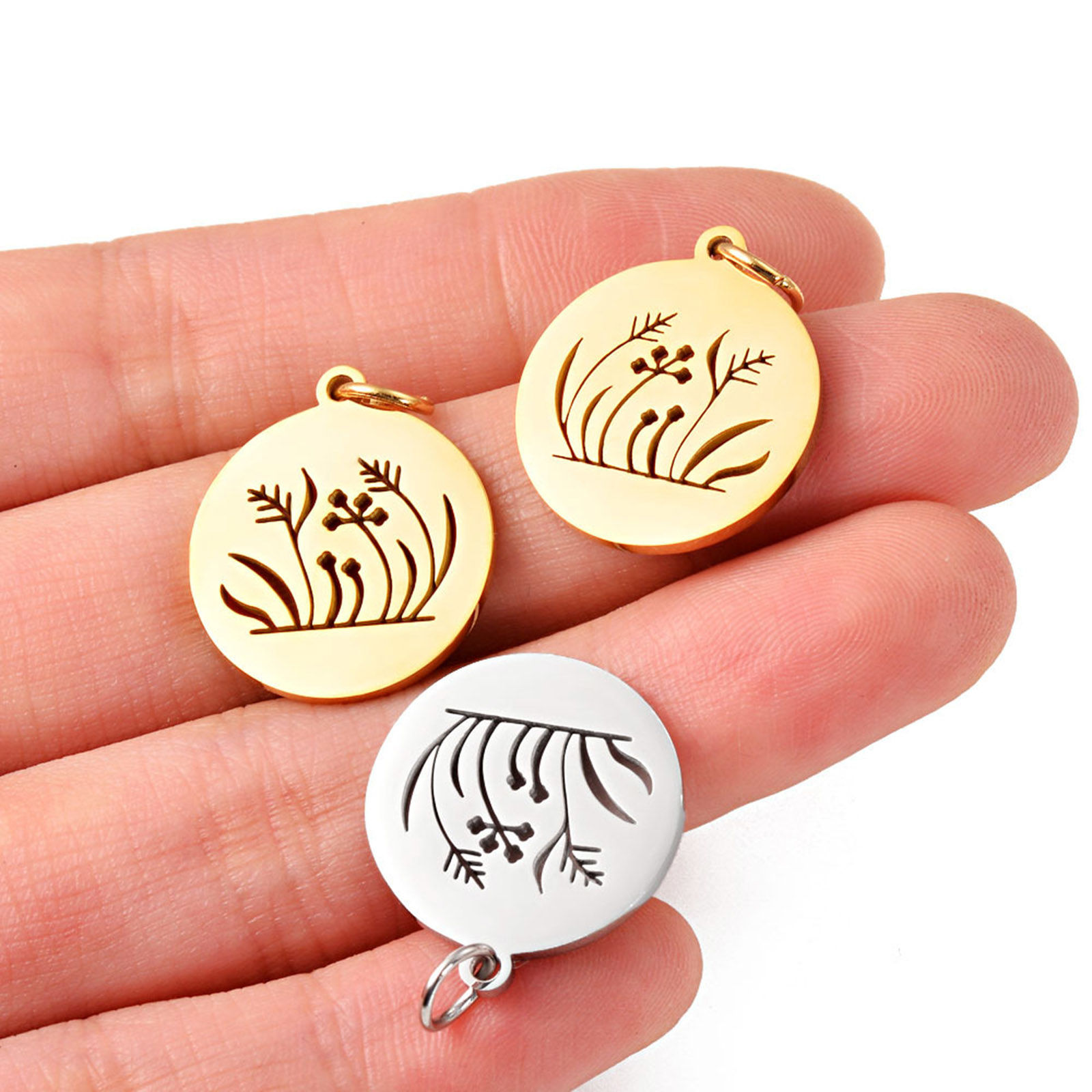 Picture of Stainless Steel Flora Collection Charms Multicolor Round Disc Flower Leaves Hollow 25mm x 18mm