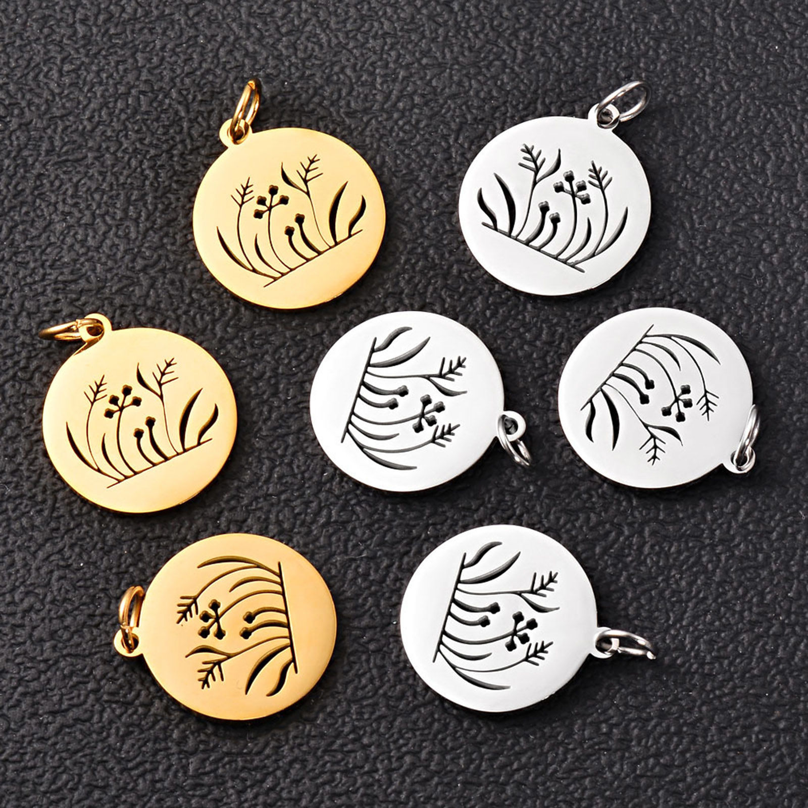 Picture of Stainless Steel Flora Collection Charms Multicolor Round Disc Flower Leaves Hollow 25mm x 18mm
