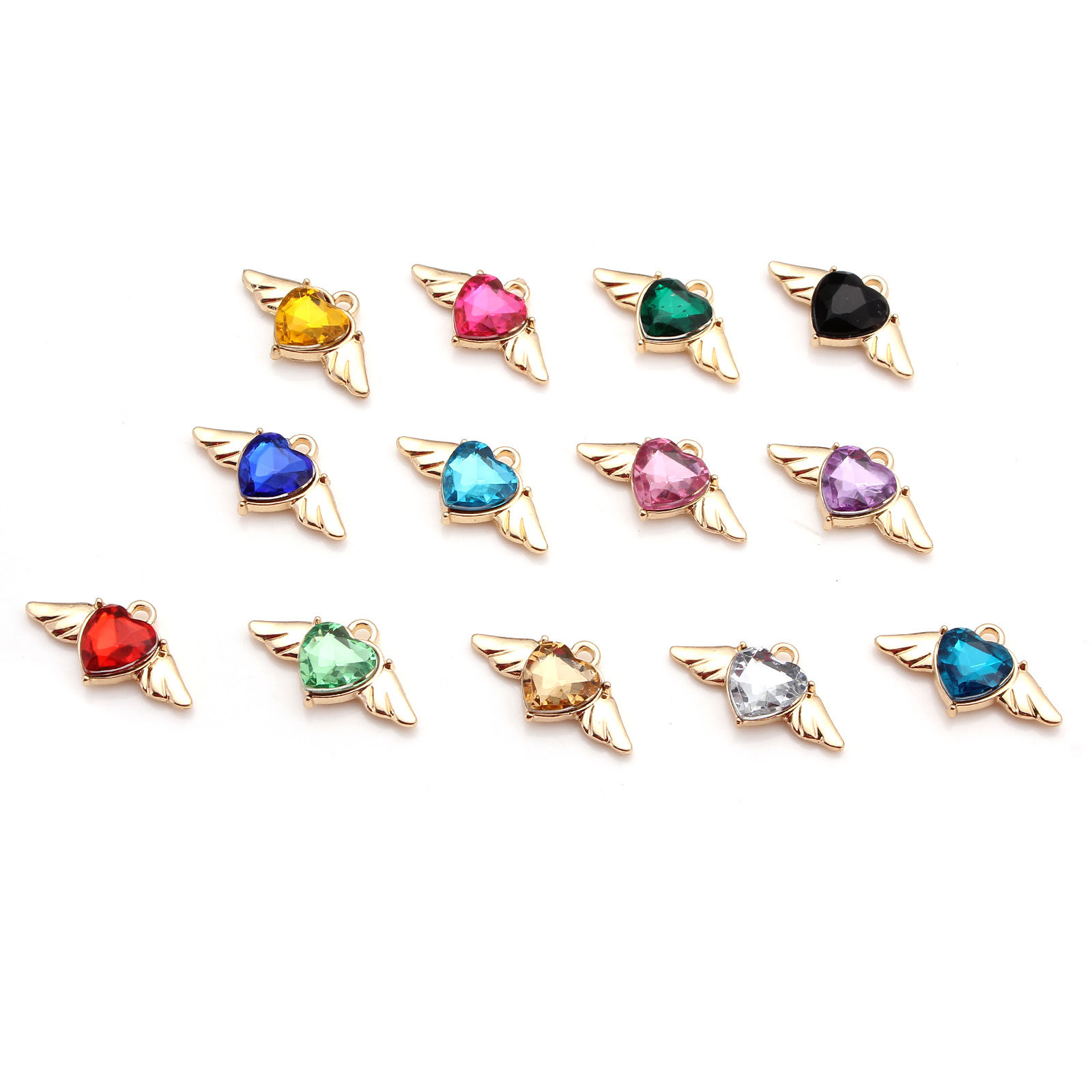 Picture of Zinc Based Alloy Valentine's Day Charms Gold Plated Heart Wing Multicolor Rhinestone 25mm x 14mm