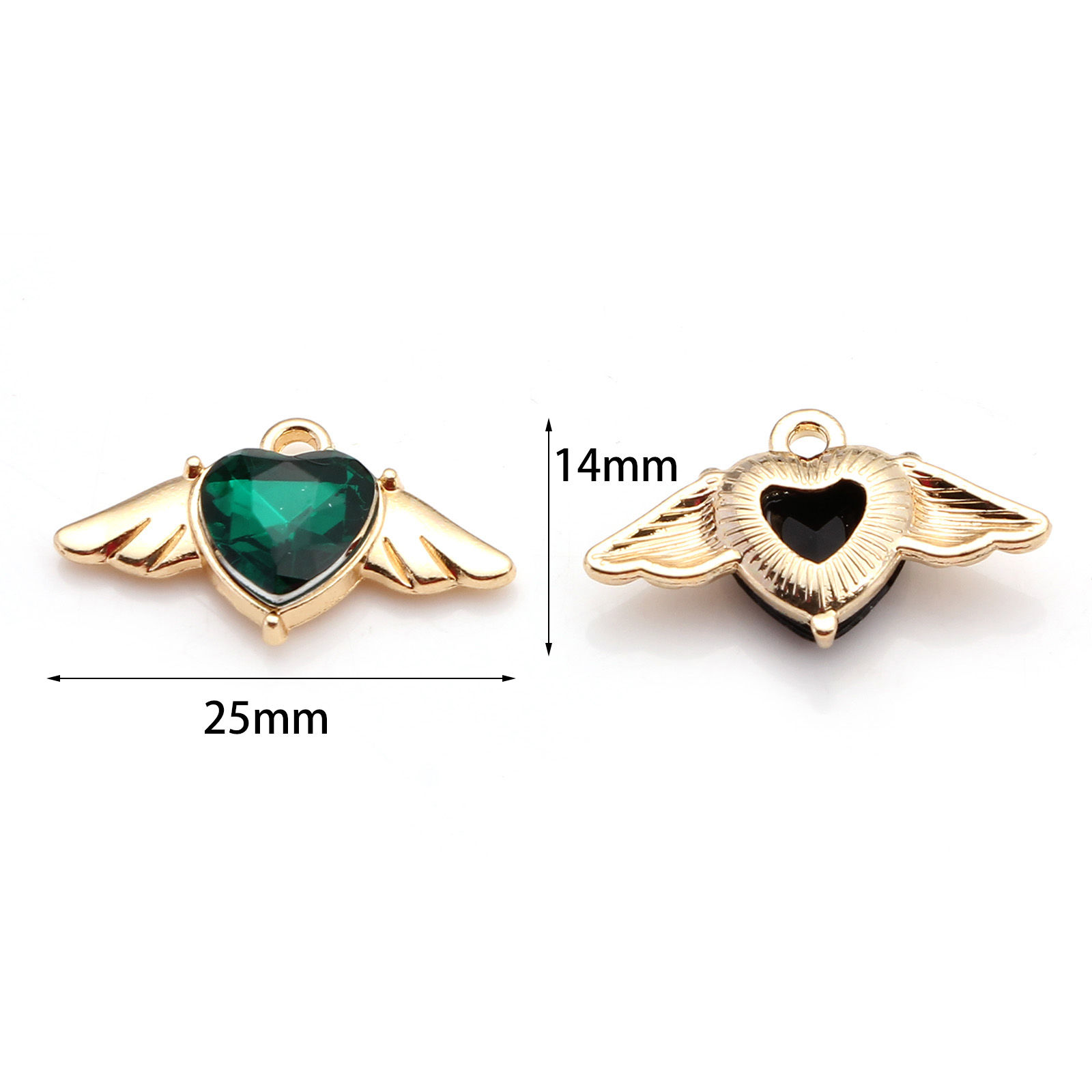 Picture of Zinc Based Alloy Valentine's Day Charms Gold Plated Heart Wing Multicolor Rhinestone 25mm x 14mm