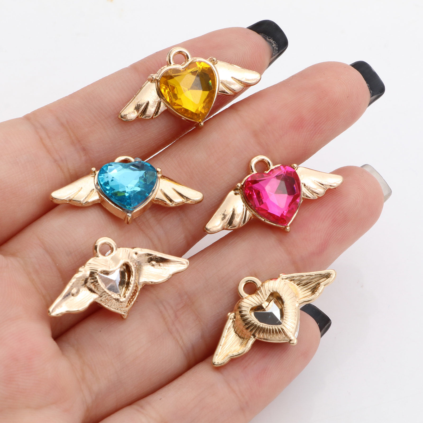 Picture of Zinc Based Alloy Valentine's Day Charms Gold Plated Heart Wing Multicolor Rhinestone 25mm x 14mm