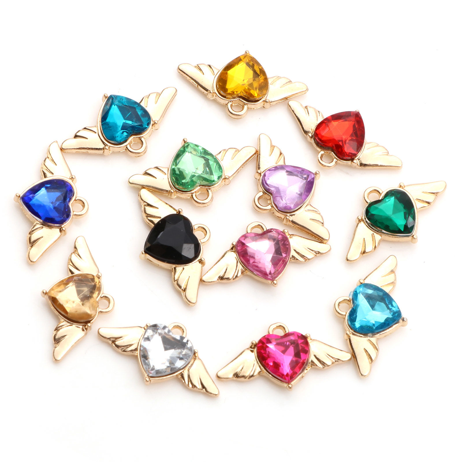 Picture of Zinc Based Alloy Valentine's Day Charms Gold Plated Heart Wing Multicolor Rhinestone 25mm x 14mm