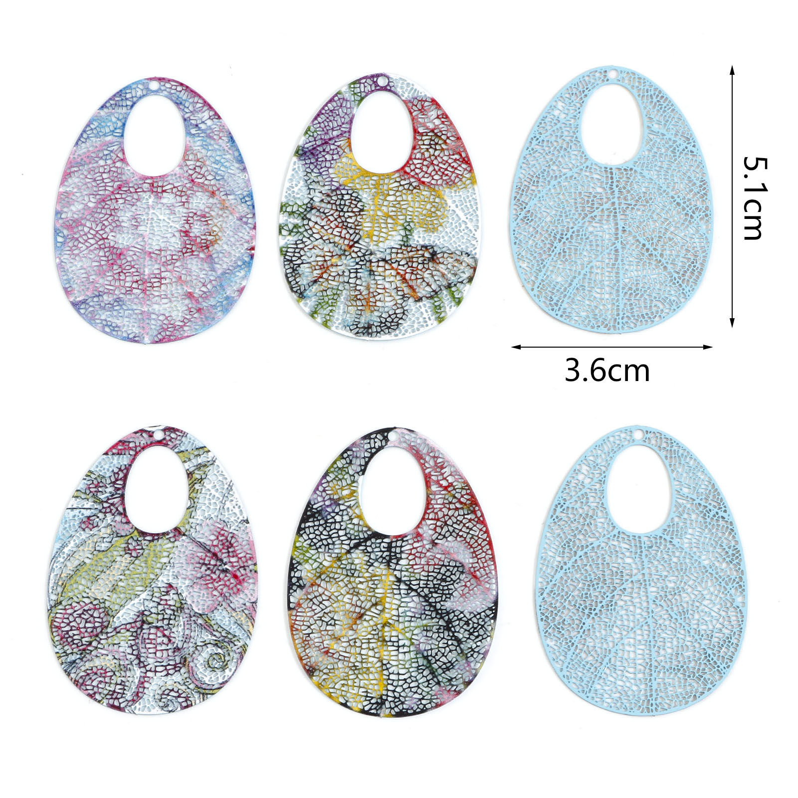 Изображение Железный Сплав(Без Кадмия) Филигранные цветок железа Подвески водяная капля Разноцветный С Краской 5.1см x 3.6см, 5 ШТ