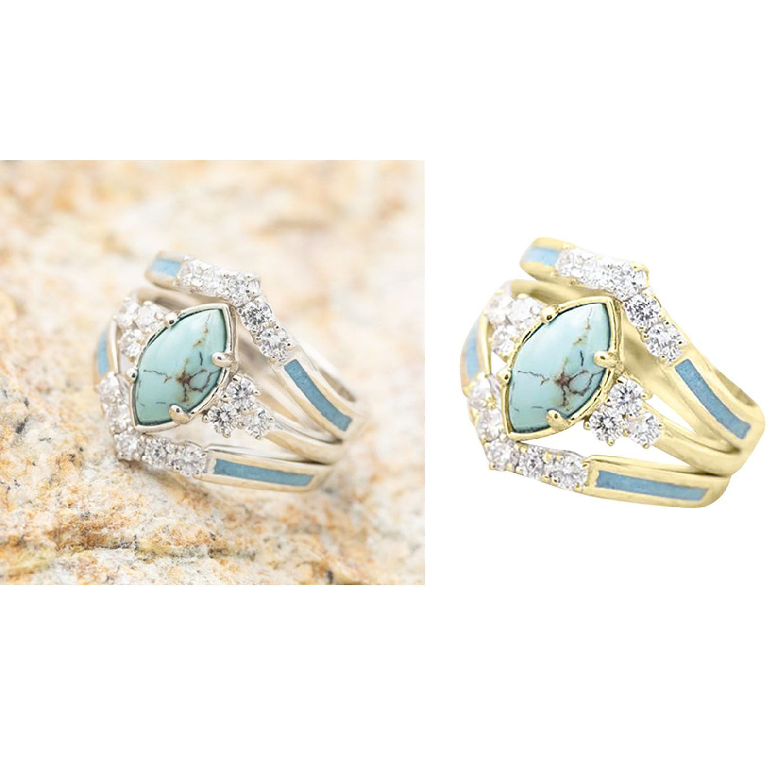 Picture of Turquoise (Imitated) Boho Chic Bohemia Unadjustable Rings Marquise Clear Rhinestone