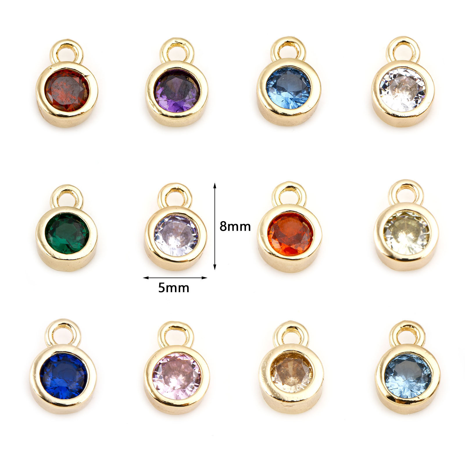 Picture of Brass Birthstone Charms Round Real Gold Plated Multicolour Cubic Zirconia 8mm x 5mm