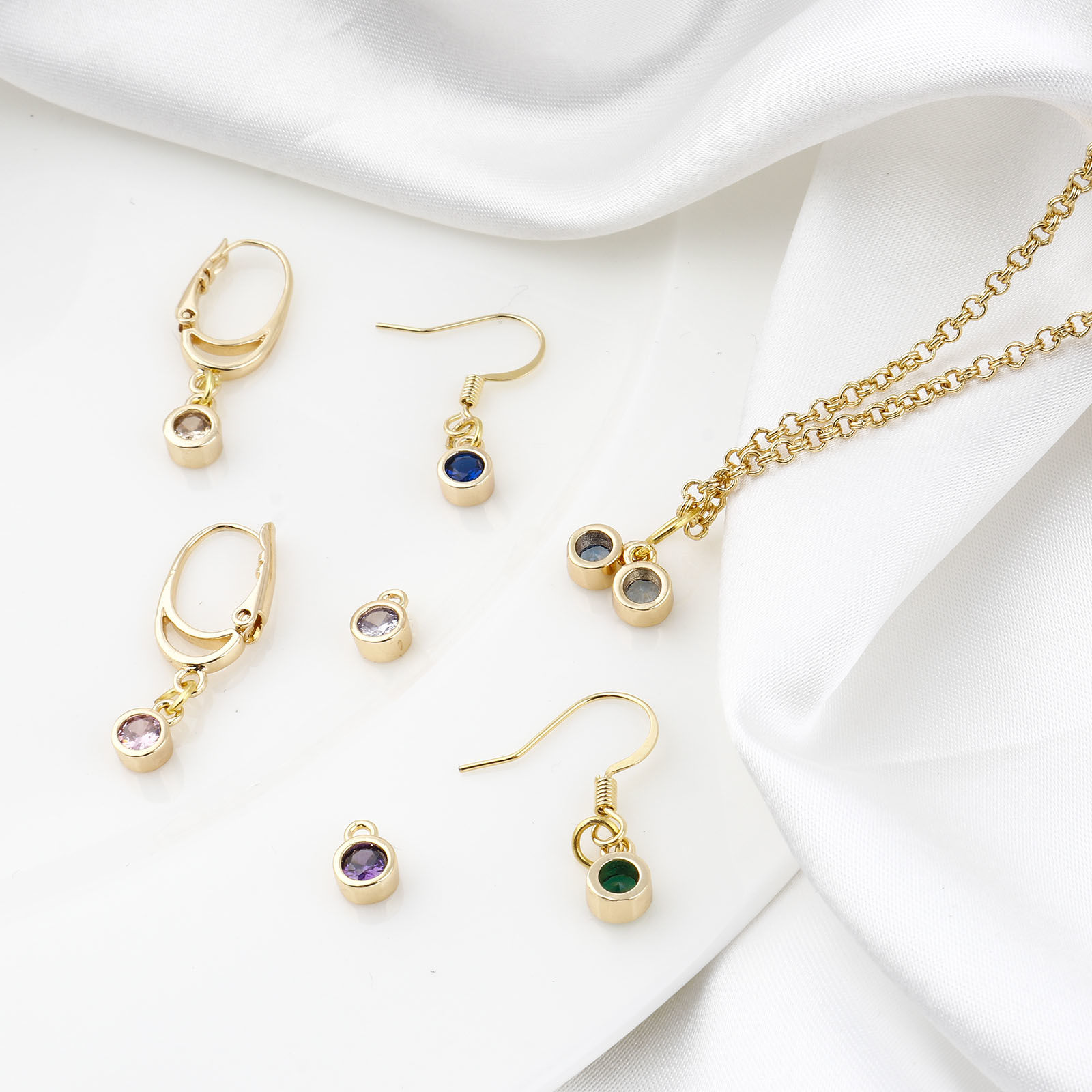 Picture of Brass Birthstone Charms Round Real Gold Plated Multicolour Cubic Zirconia 8mm x 5mm