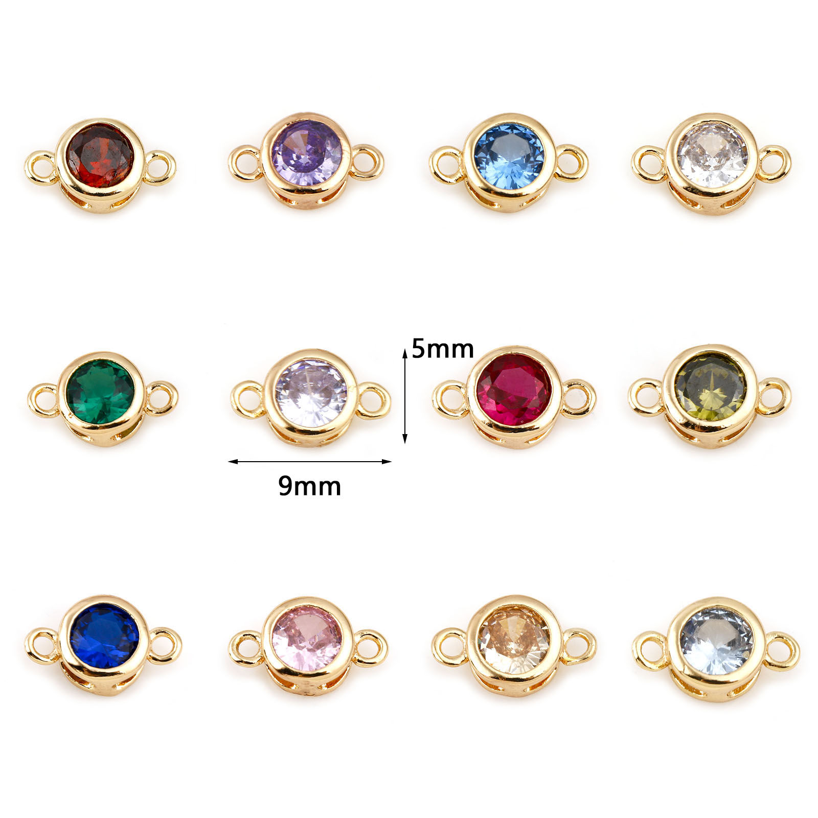 Imagen de Latón piedra del zodíaco Conectores Oro Real Chapado Ronda Multicolor Circón Artificial 9mm x 5mm, 2 Unidades