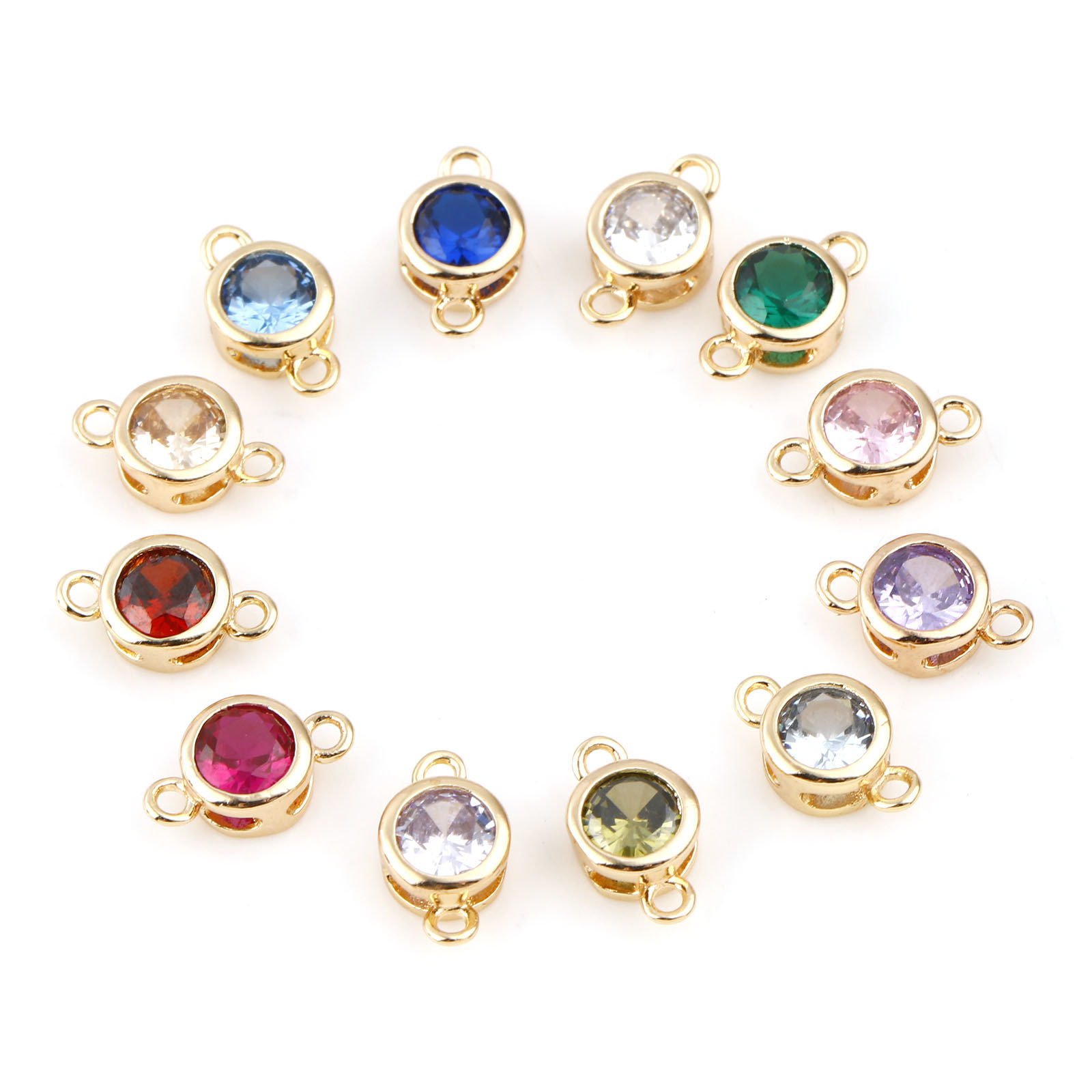 Imagen de Latón piedra del zodíaco Conectores Oro Real Chapado Ronda Multicolor Circón Artificial 9mm x 5mm, 2 Unidades