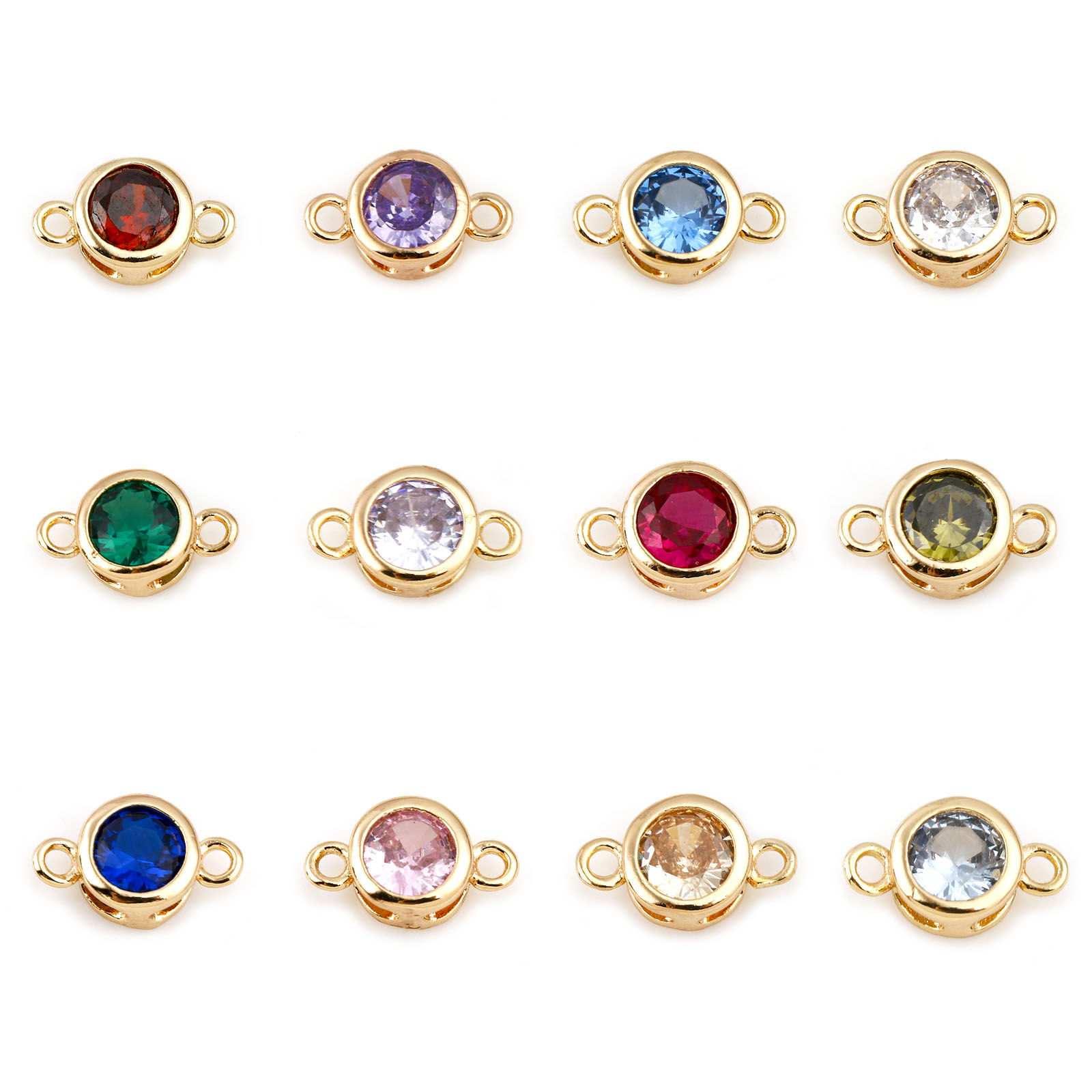 Imagen de Latón piedra del zodíaco Conectores Oro Real Chapado Ronda Multicolor Circón Artificial 9mm x 5mm, 2 Unidades
