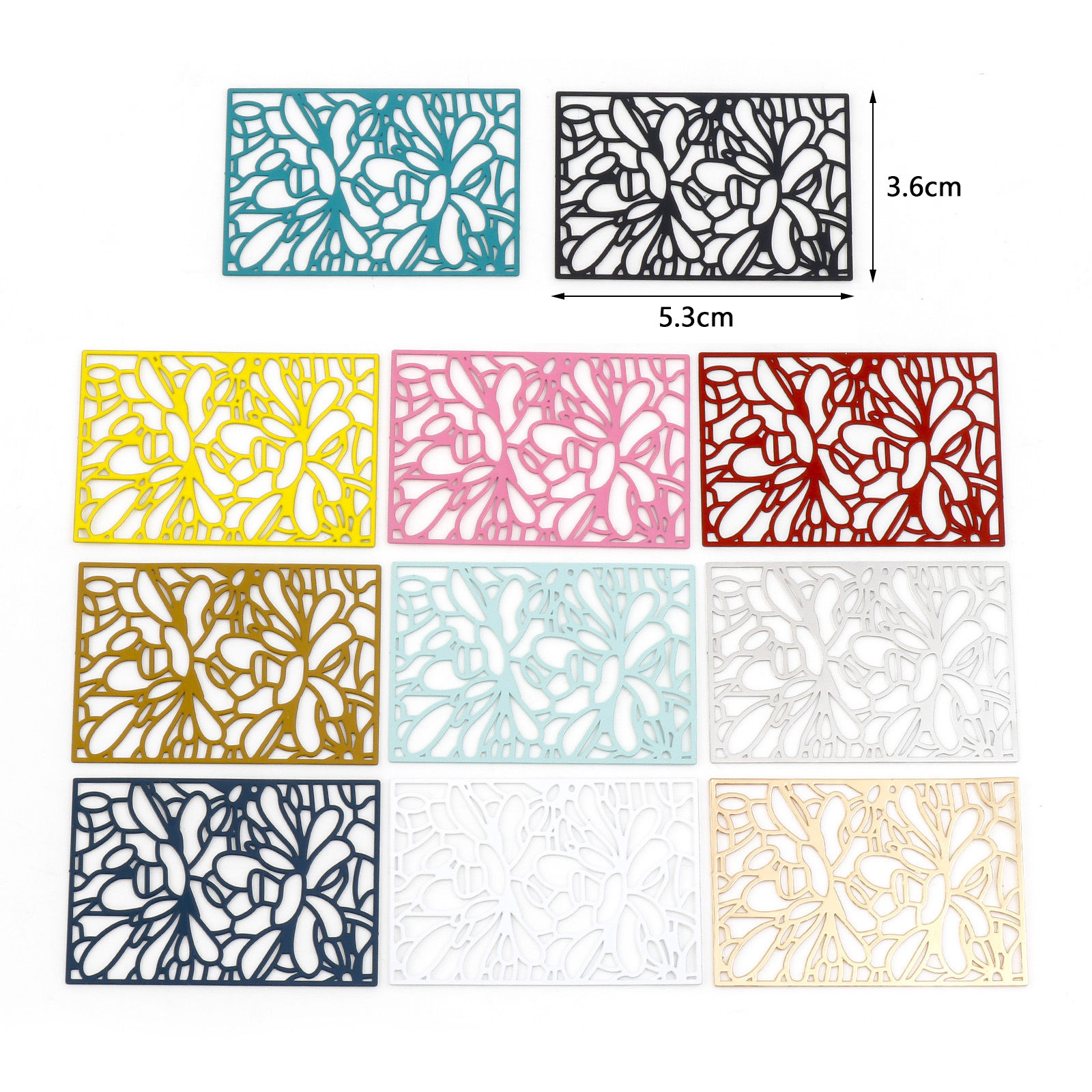 Picture of Iron Based Alloy Filigree Stamping Pendants Multicolor Rectangle Painted 5.3cm x 3.6cm, 5 PCs