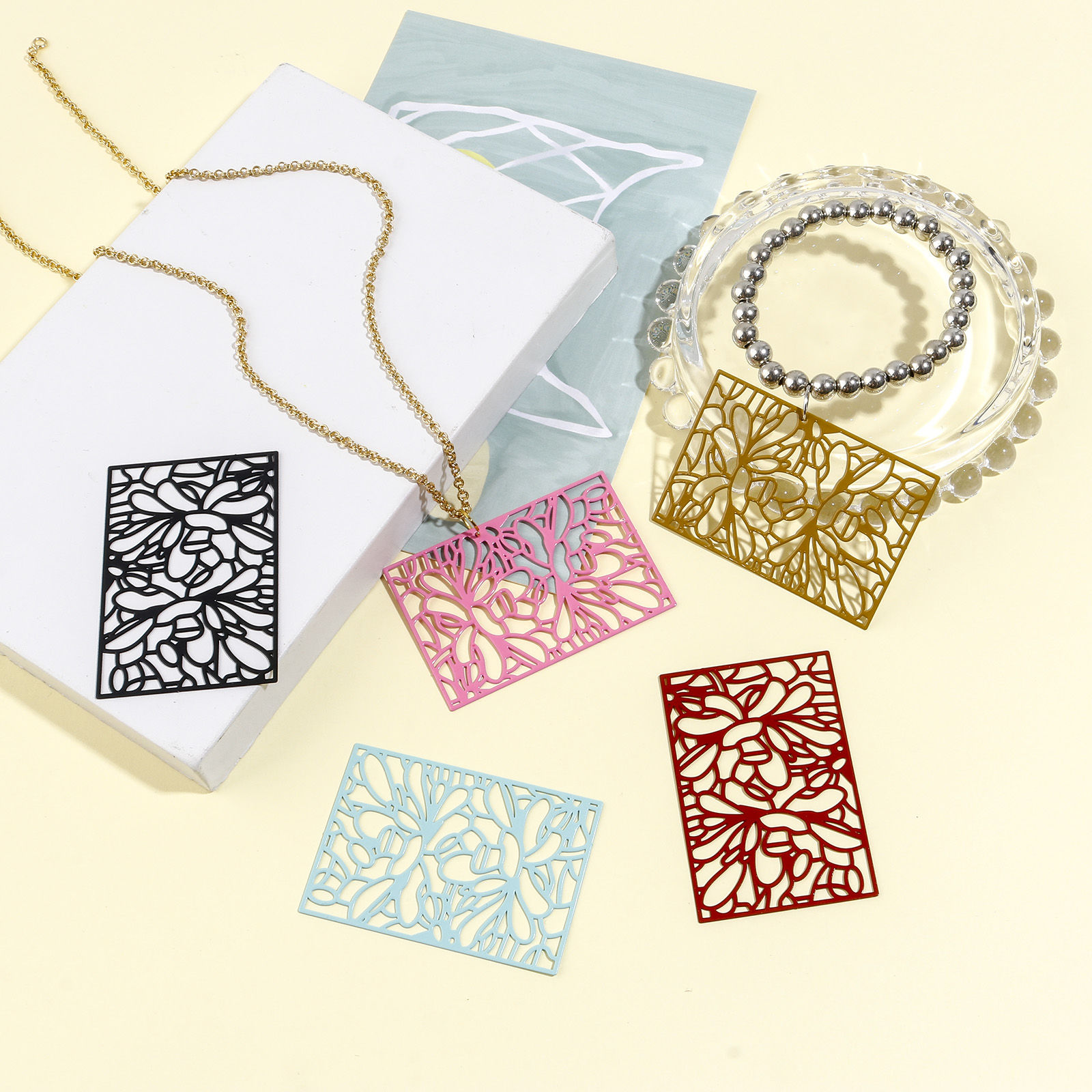 Picture of Iron Based Alloy Filigree Stamping Pendants Multicolor Rectangle Painted 5.3cm x 3.6cm, 5 PCs