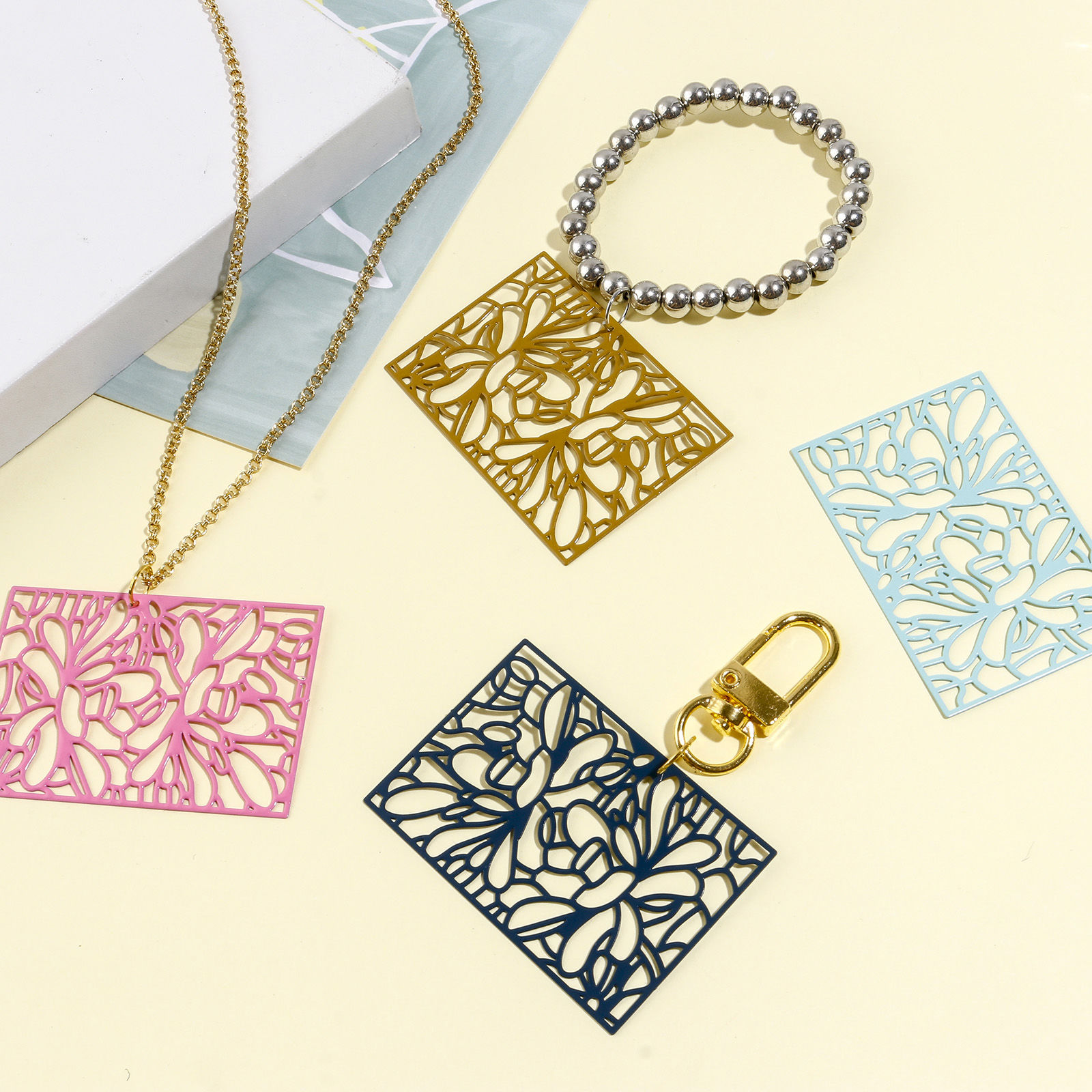 Picture of Iron Based Alloy Filigree Stamping Pendants Multicolor Rectangle Painted 5.3cm x 3.6cm, 5 PCs
