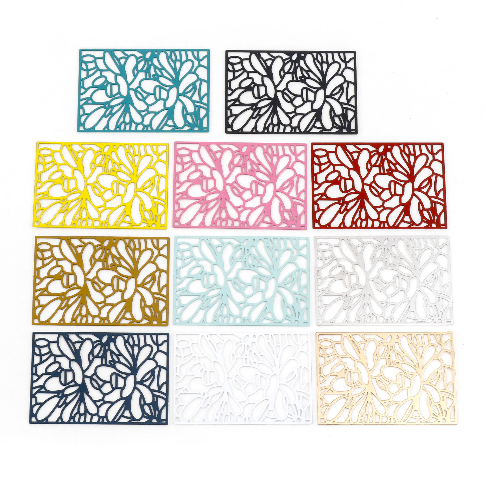 Picture of Iron Based Alloy Filigree Stamping Pendants Multicolor Rectangle Painted 5.3cm x 3.6cm, 5 PCs