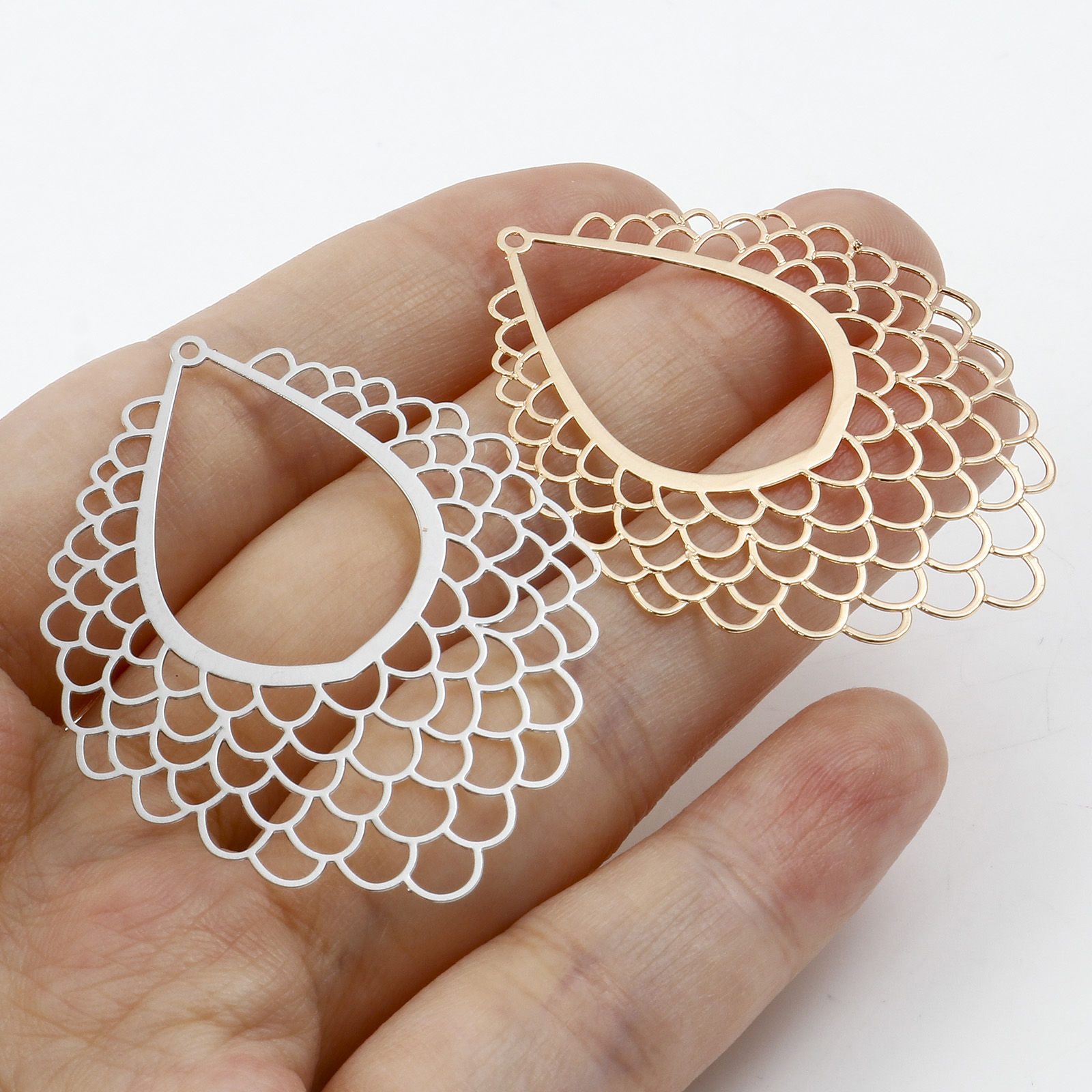 Picture of Iron Based Alloy Filigree Stamping Pendants Multicolor Drop Fish Scale Painted 4.5cm x 3.6cm, 5 PCs