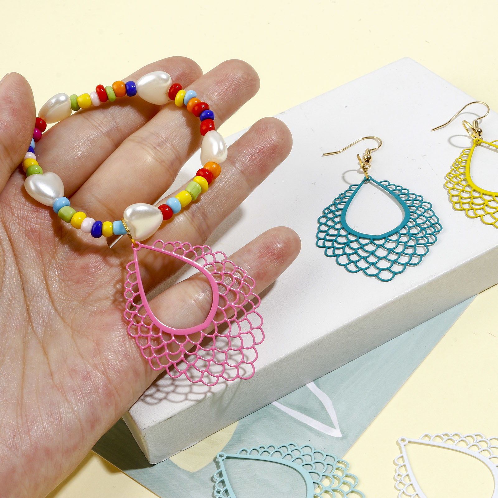 Picture of Iron Based Alloy Filigree Stamping Pendants Multicolor Drop Fish Scale Painted 4.5cm x 3.6cm, 5 PCs