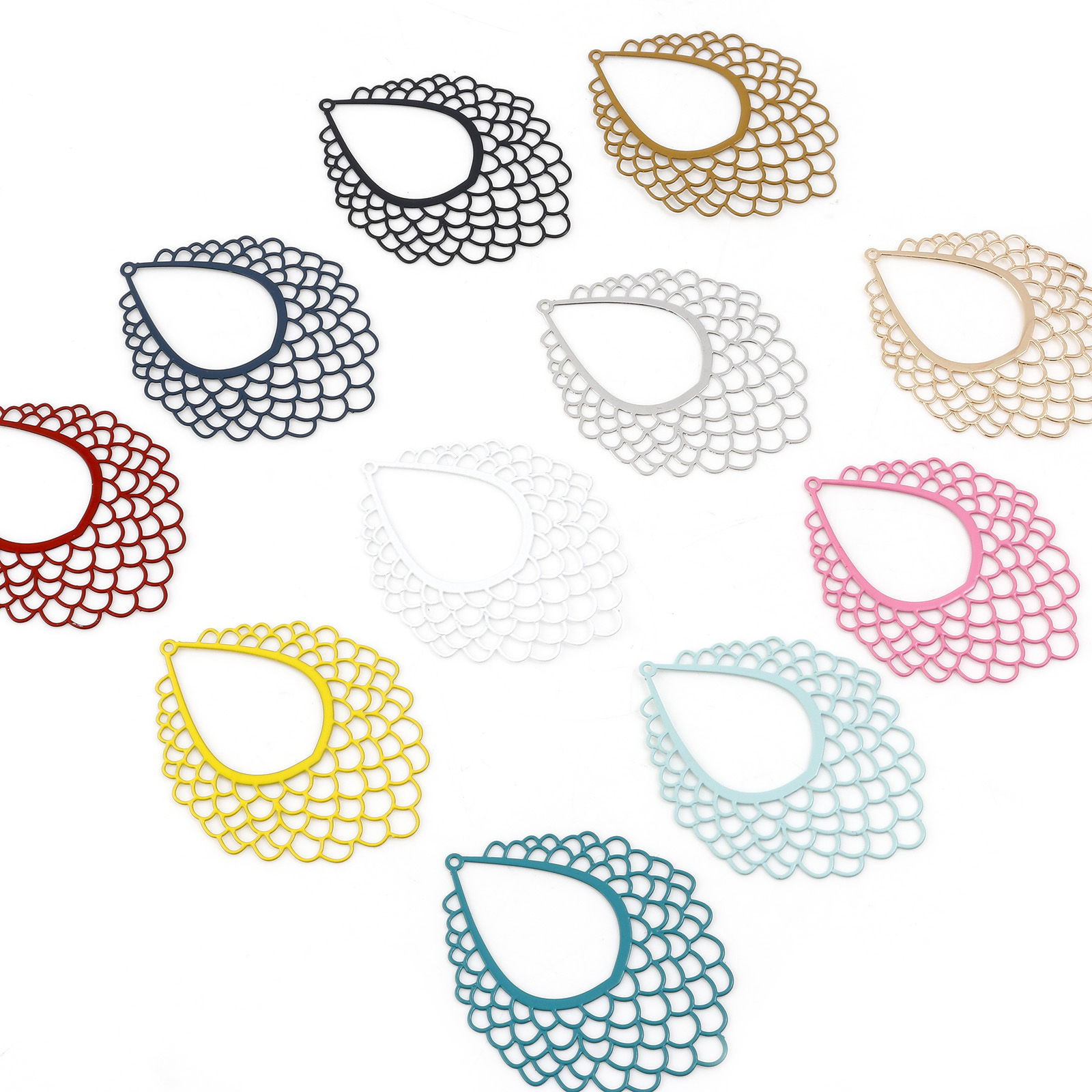 Picture of Iron Based Alloy Filigree Stamping Pendants Multicolor Drop Fish Scale Painted 4.5cm x 3.6cm, 5 PCs