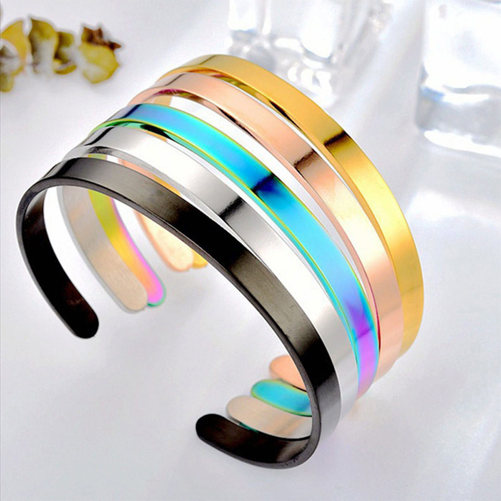 Picture of 304 Stainless Steel Open Cuff Bangles Bracelets C Shape Multicolor Blank Stamping Tags Two Sides 6cm Dia.