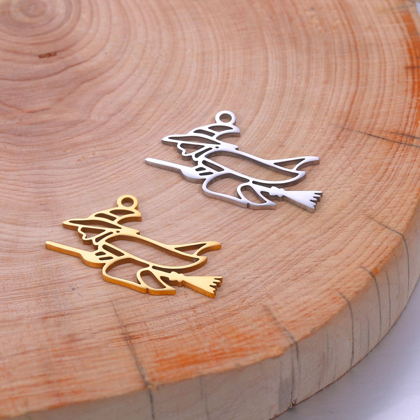 Picture of 304 Stainless Steel Charms Multicolor Besom Halloween Witch Hollow 18.5mm x 15mm