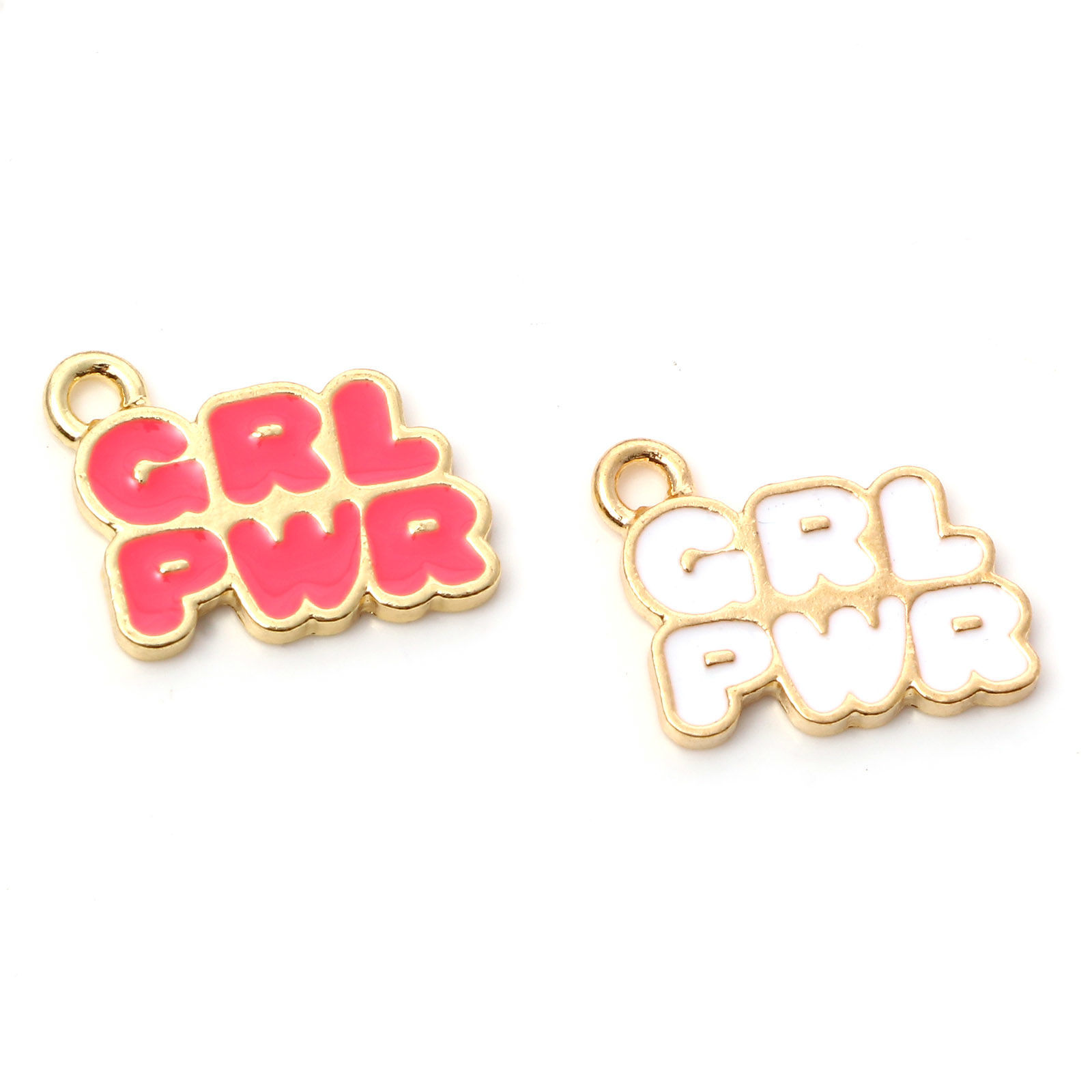 Imagen de Zamak Colgantes Charms Chapado en Oro Multicolor Mensaje " GRL PWR " Esmalte 18mm x 15mm, 10 Unidades
