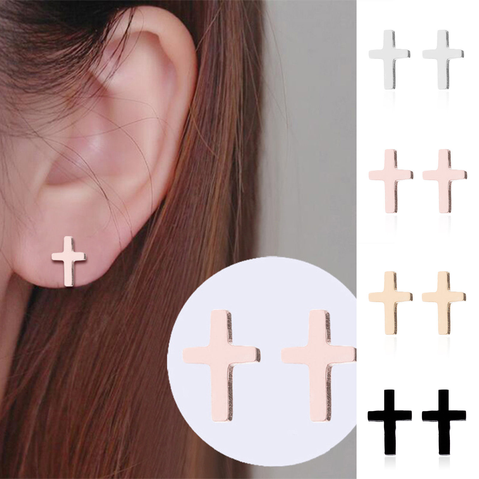 Picture of Stainless Steel Stylish Ear Post Stud Earrings Multicolor Cross 8mm x 5mm