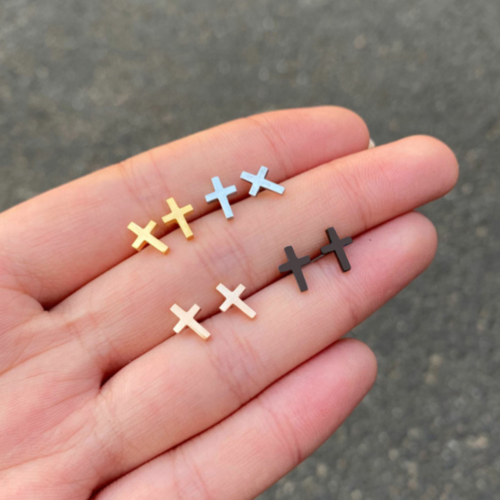 Picture of Stainless Steel Stylish Ear Post Stud Earrings Multicolor Cross 8mm x 5mm