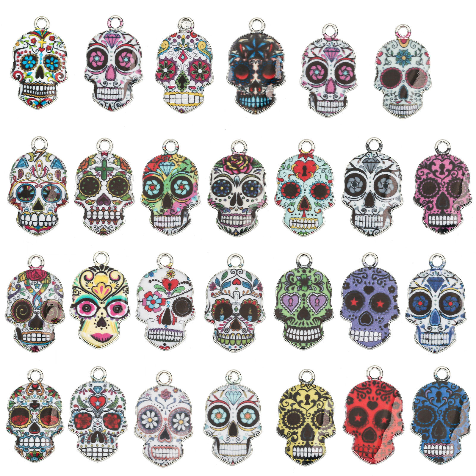 Picture of Zinc Based Alloy Halloween Charms Silver Tone Multicolor Sugar Skull Enamel 23mm x 15mm
