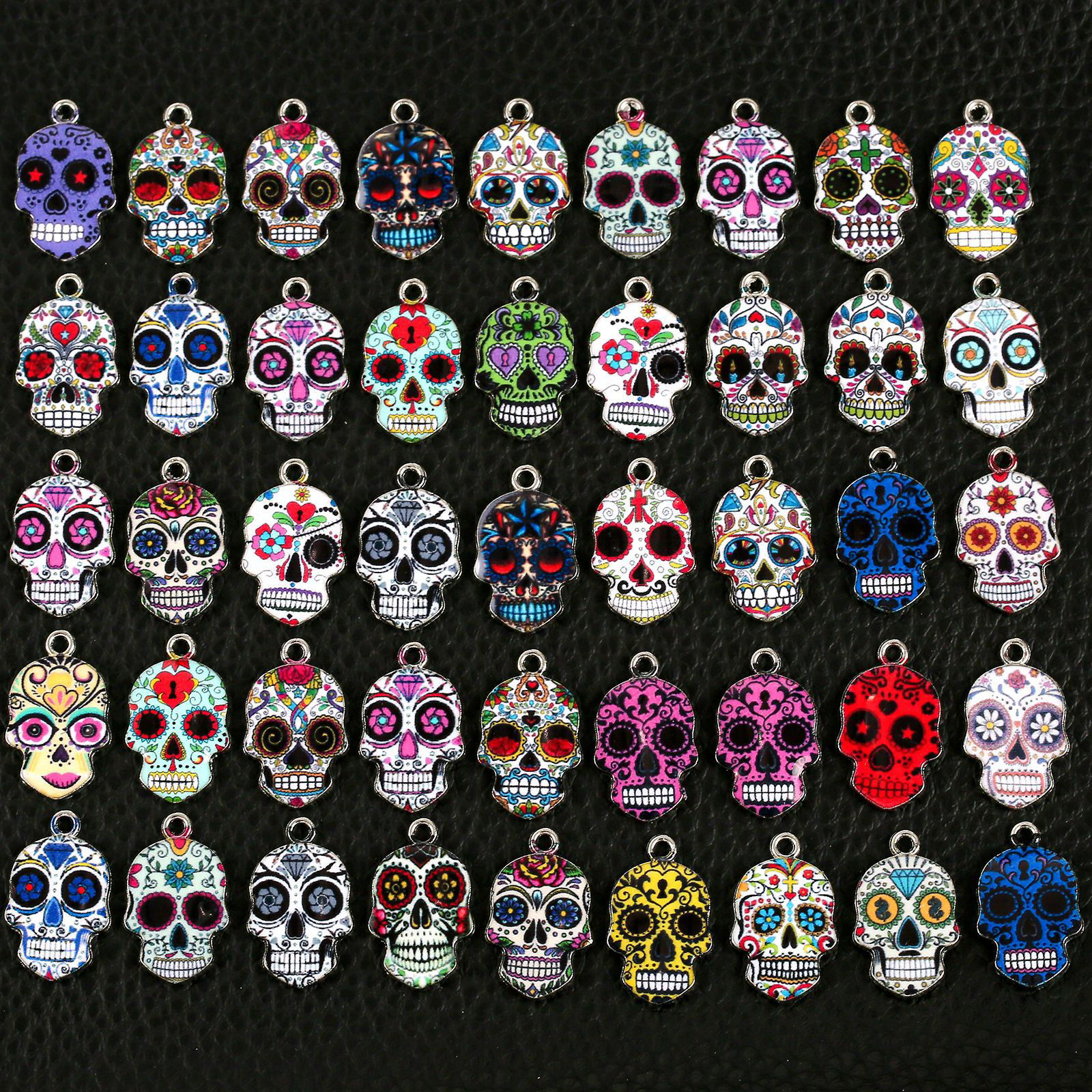 Picture of Zinc Based Alloy Halloween Charms Silver Tone Multicolor Sugar Skull Enamel 23mm x 15mm
