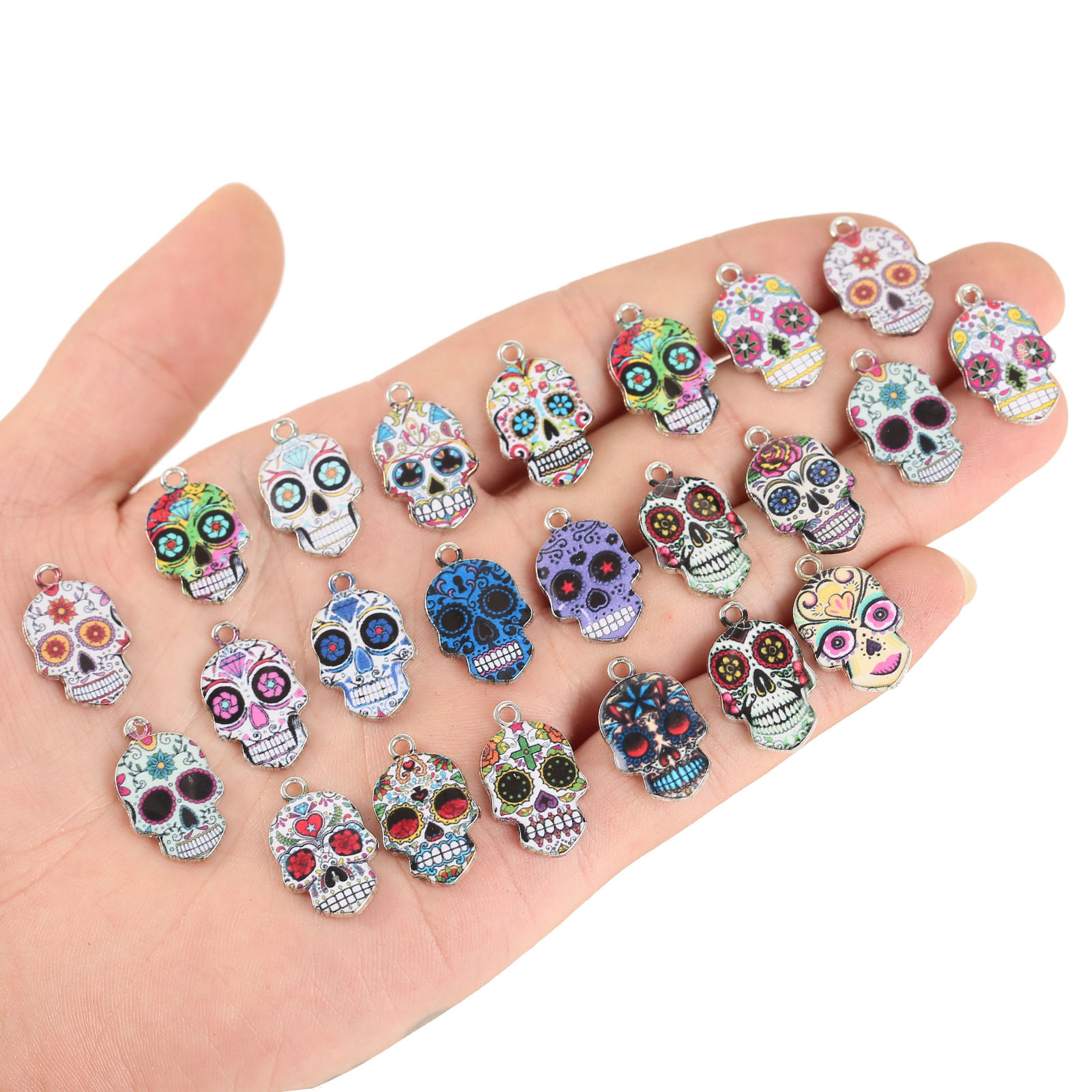 Picture of Zinc Based Alloy Halloween Charms Silver Tone Multicolor Sugar Skull Enamel 23mm x 15mm