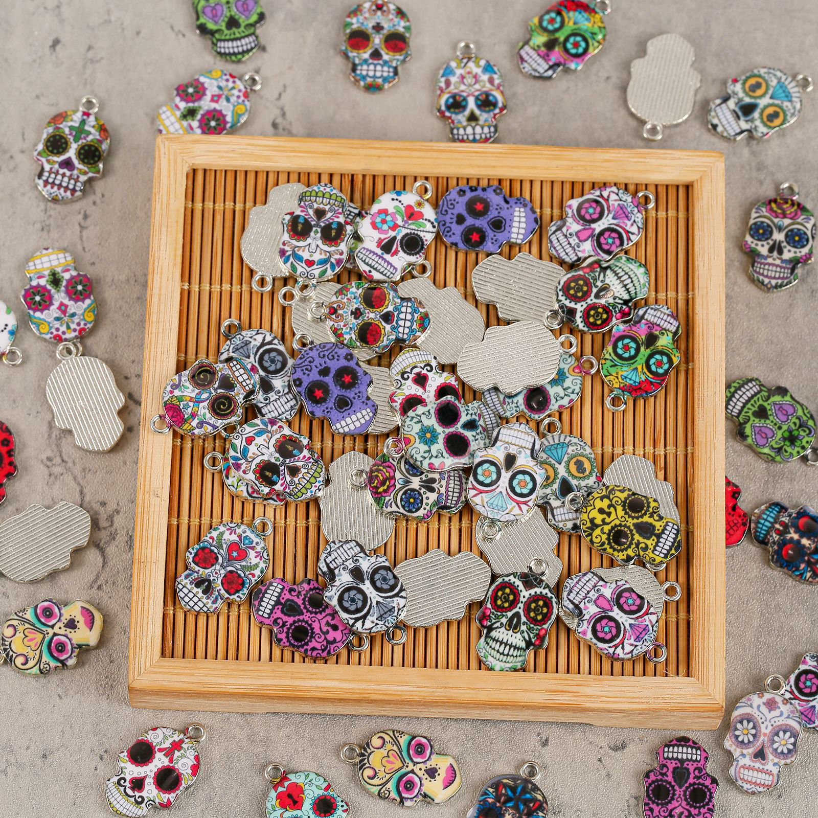 Picture of Zinc Based Alloy Halloween Charms Silver Tone Multicolor Sugar Skull Enamel 23mm x 15mm