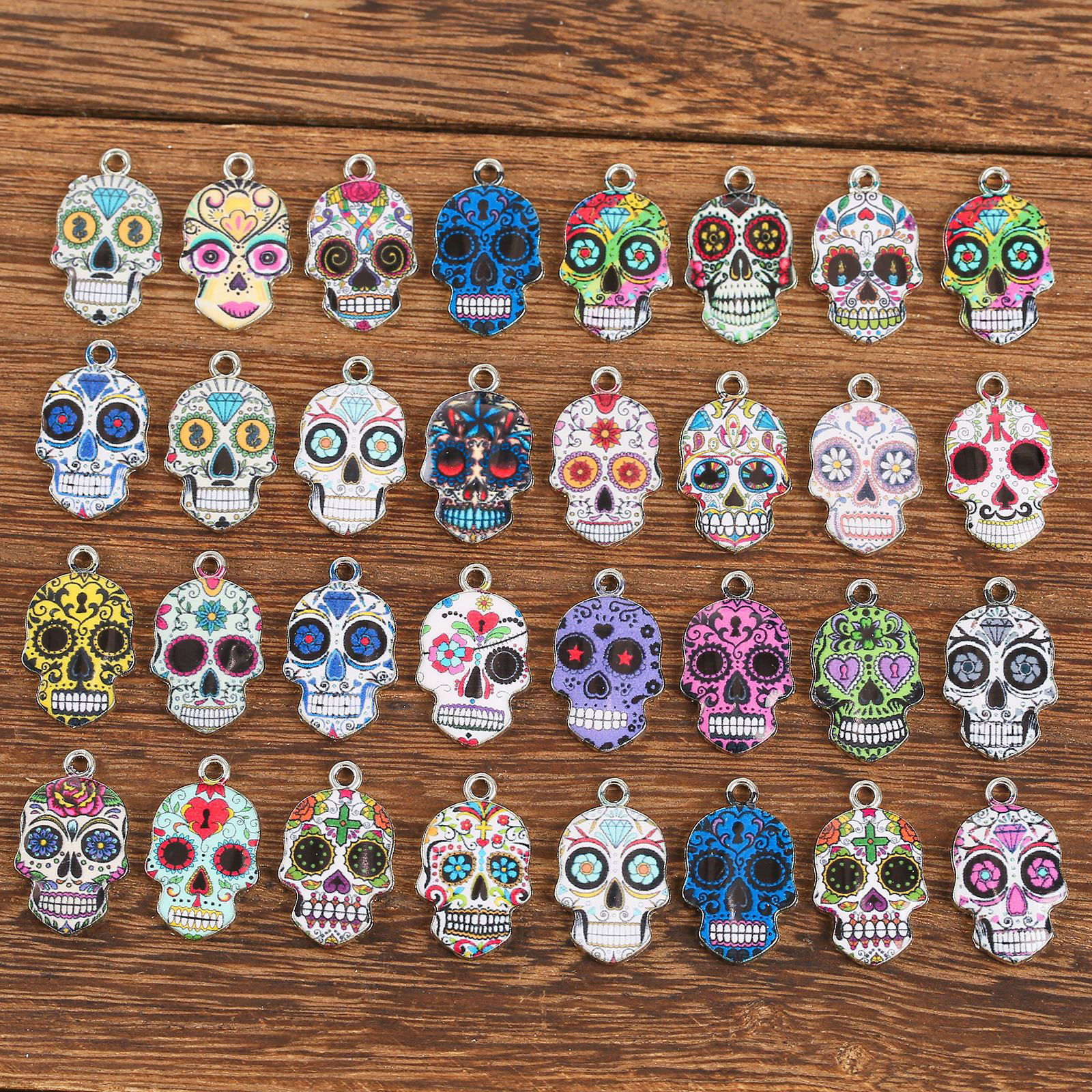 Picture of Zinc Based Alloy Halloween Charms Silver Tone Multicolor Sugar Skull Enamel 23mm x 15mm