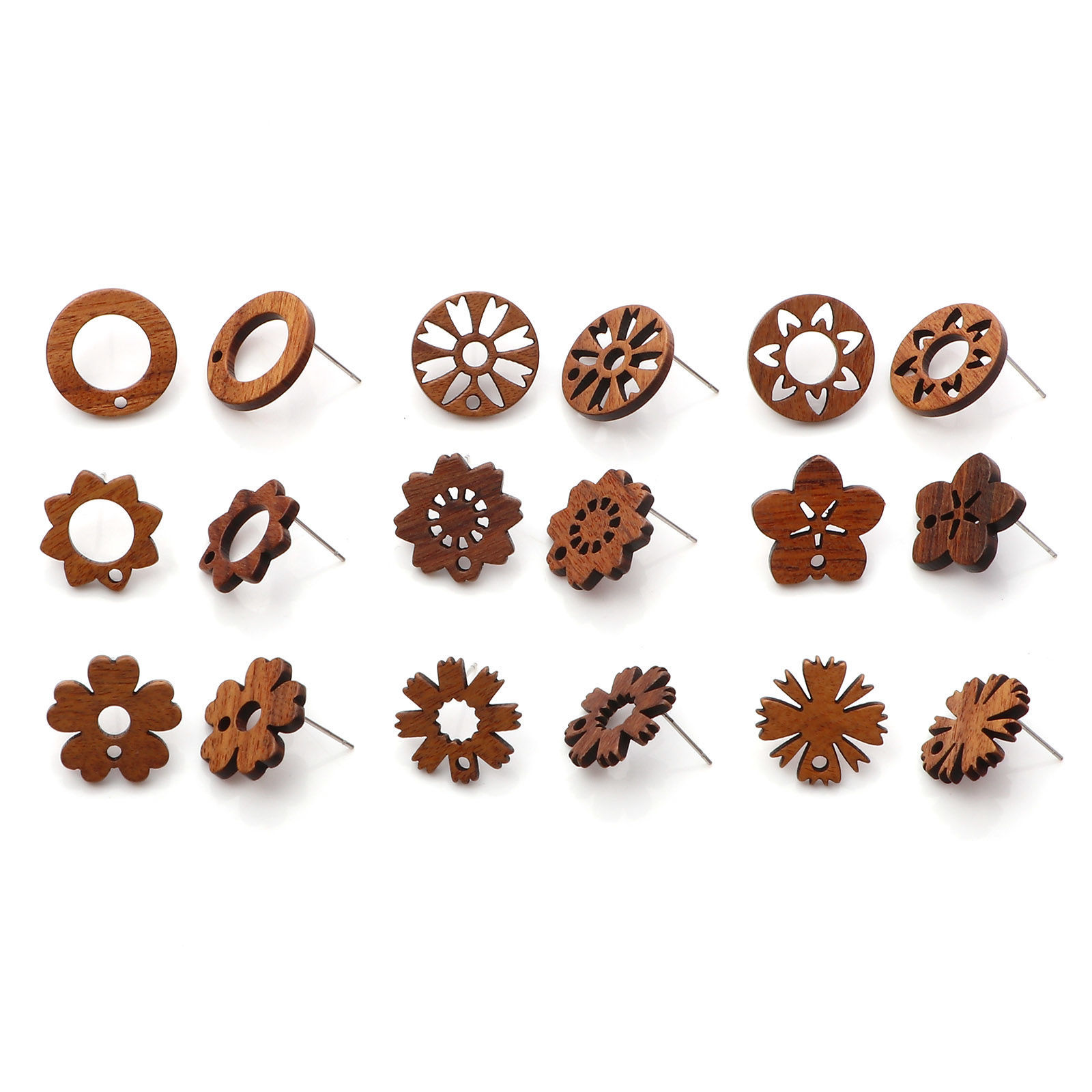 Image de Boucles d'Oreilles Puces en Bois Naturel Rond Brun Fleurs avec Boucle 10 Pcs