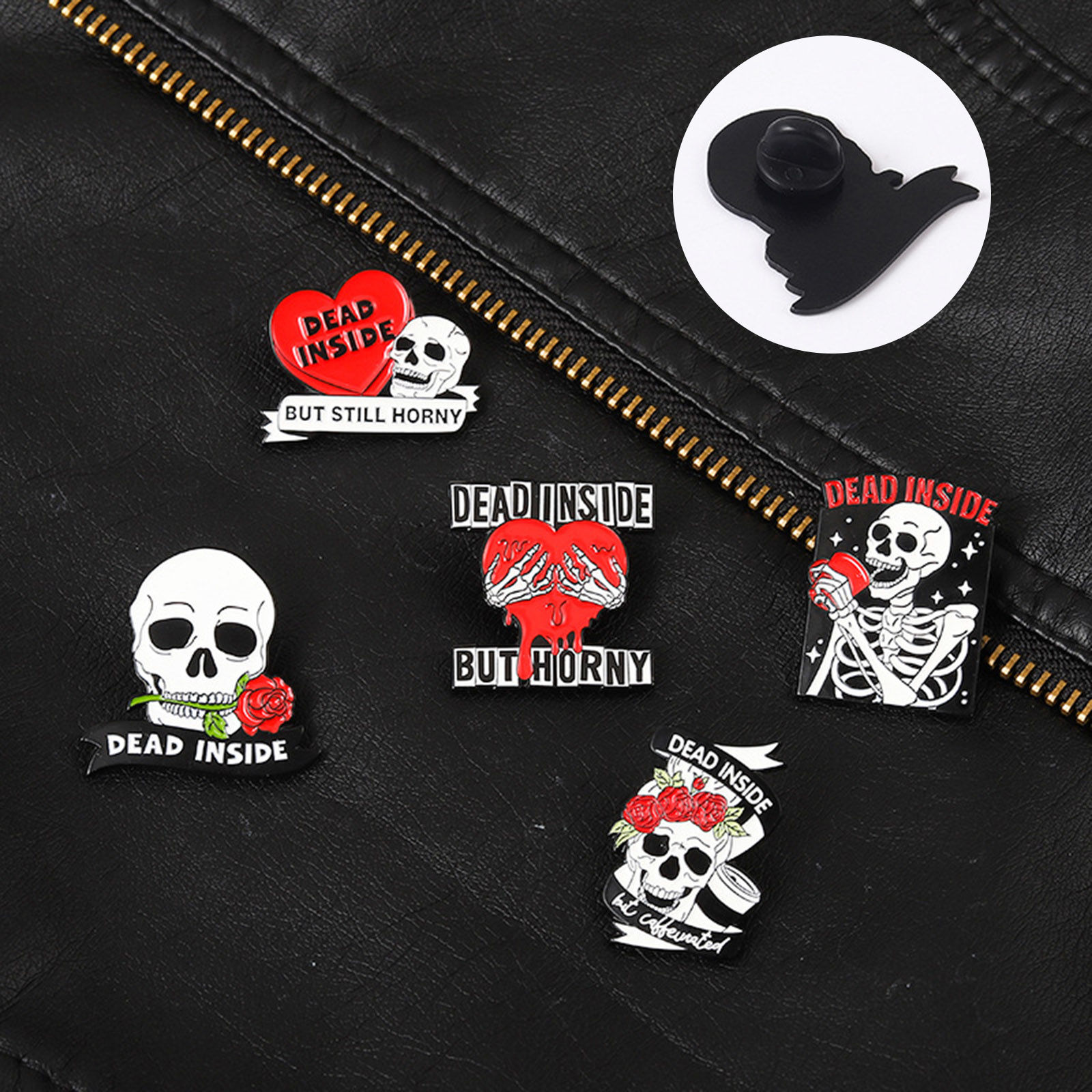 Picture of Halloween Pin Brooches Skeleton Skull Rose Flower White & Red Enamel