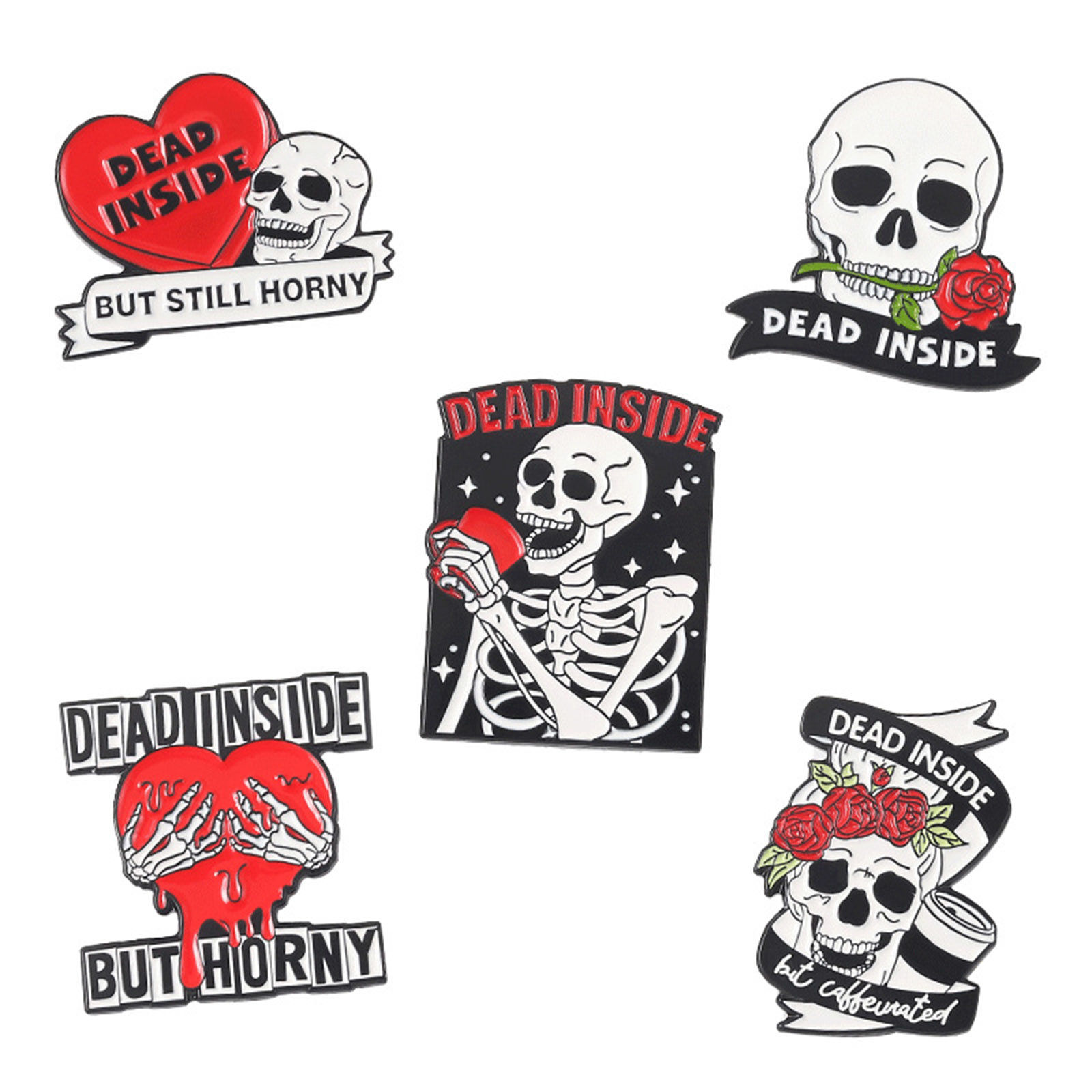Picture of Halloween Pin Brooches Skeleton Skull Rose Flower White & Red Enamel