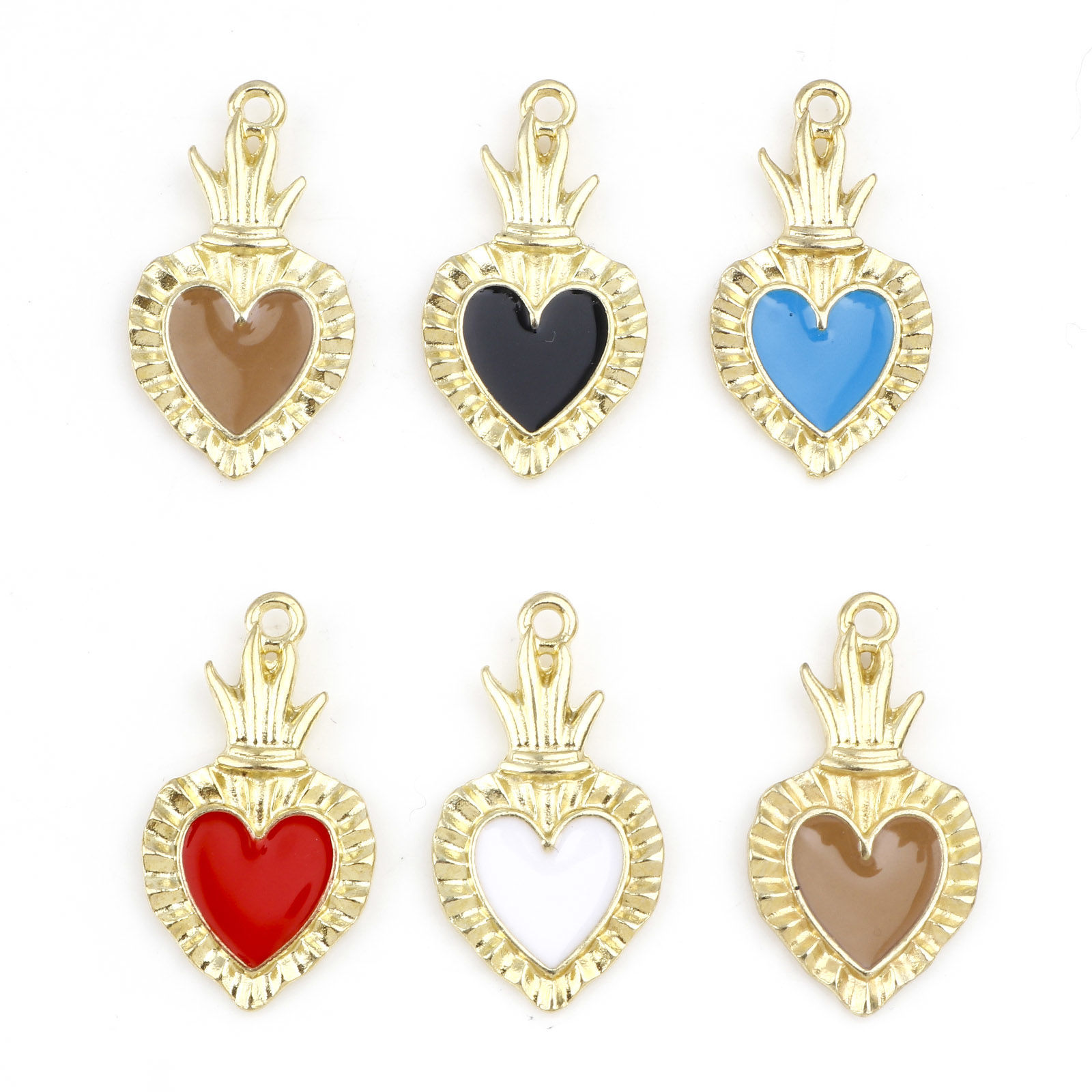 Imagen de Zamak Religión Colgantes Charms Corazón Exvoto Chapado en Oro Multicolor Esmalte 27mm x 15mm, 10 Unidades
