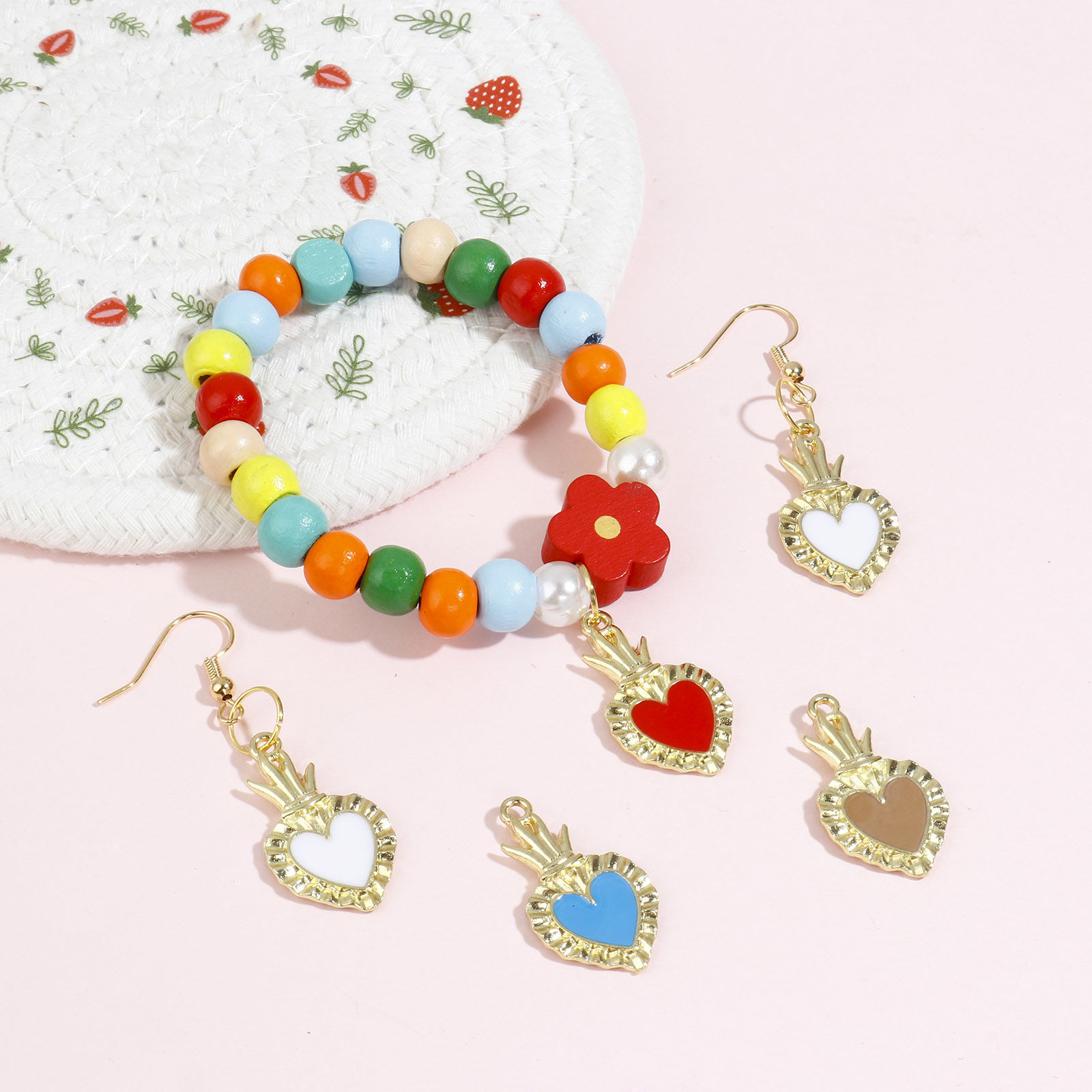 Imagen de Zamak Religión Colgantes Charms Corazón Exvoto Chapado en Oro Multicolor Esmalte 27mm x 15mm, 10 Unidades