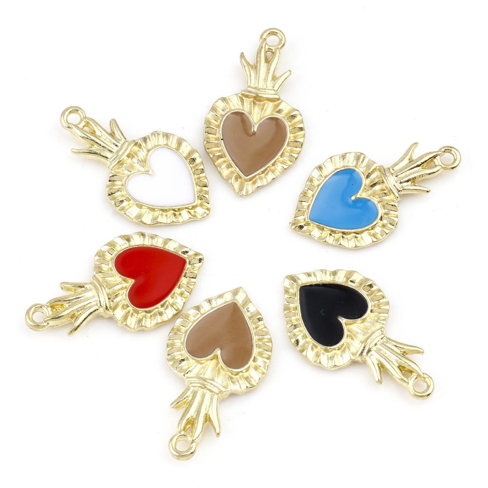 Imagen de Zamak Religión Colgantes Charms Corazón Exvoto Chapado en Oro Multicolor Esmalte 27mm x 15mm, 10 Unidades