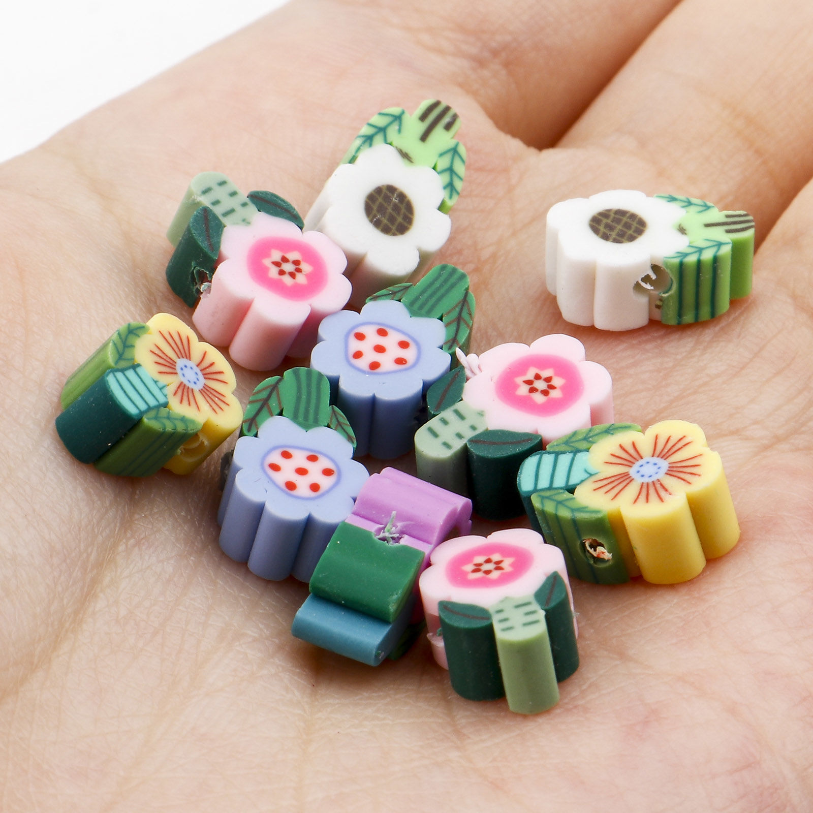 Bild von Polymer Ton Perlen Blume Blätter Bunt, 12mm x 8mm, Loch: 1.5mm, 100 Stück