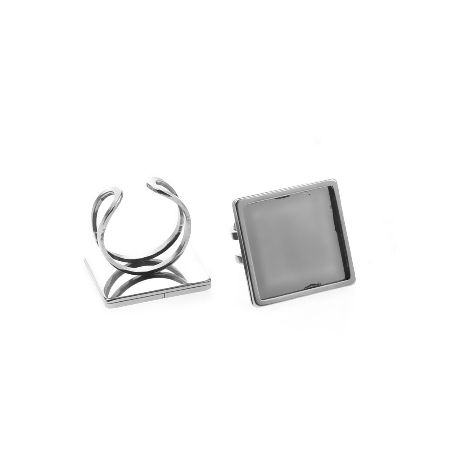Picture of 304 Stainless Steel Open Adjustable Rings Silver Tone Geometric Cabochon Settings 17.3mm(US Size 7), 1 Piece